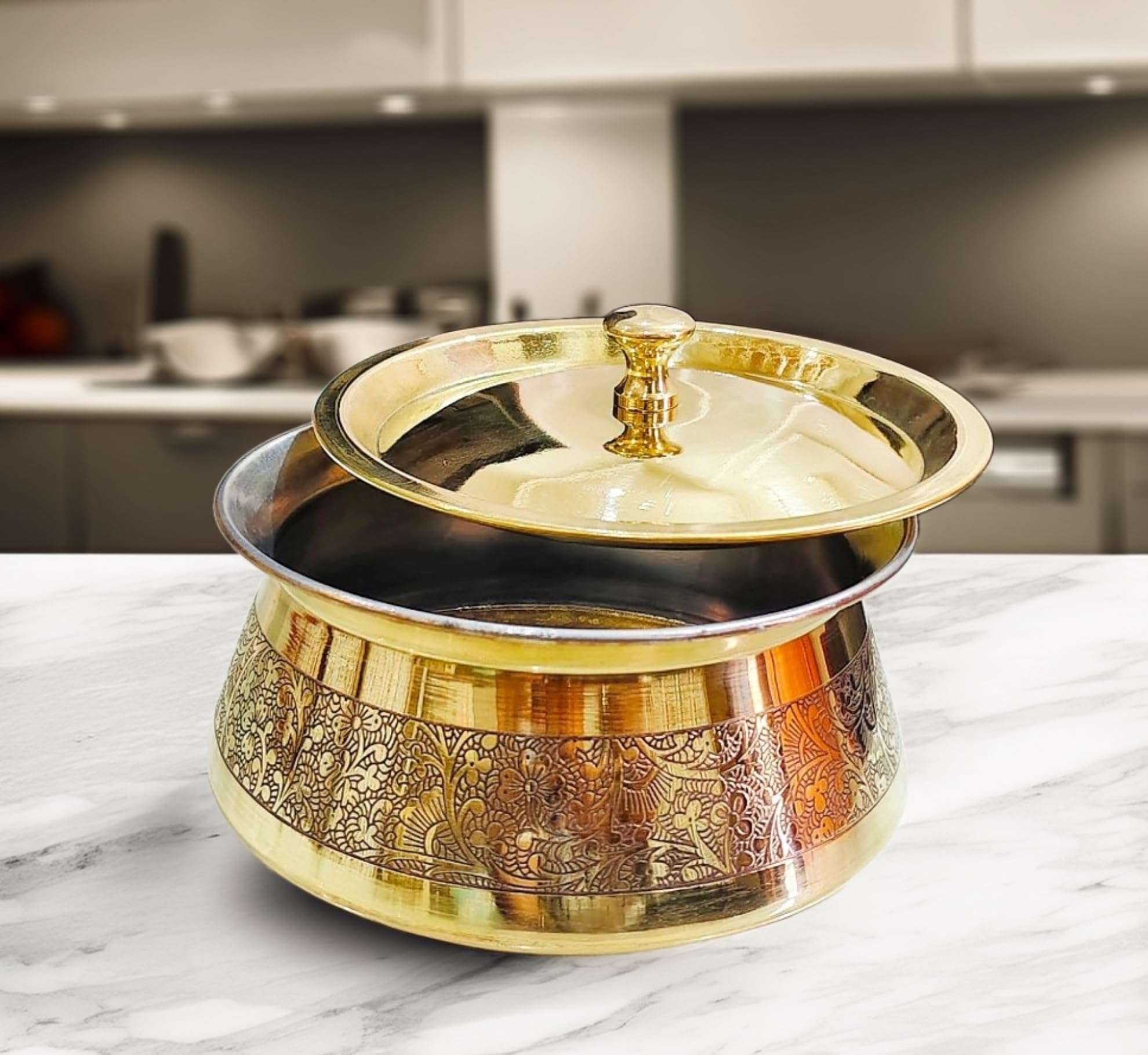 PITAL NAGRI ECRAFT Brass Kitchen Appliances Cooking Serving Pot |Biryani Handi|Urli| Embossed Design Casserole With Lid For Decoration Tableware, Home, Hotel, Restaurant Donga, ( 650 GMS Capacity 1000 Ml ) 3