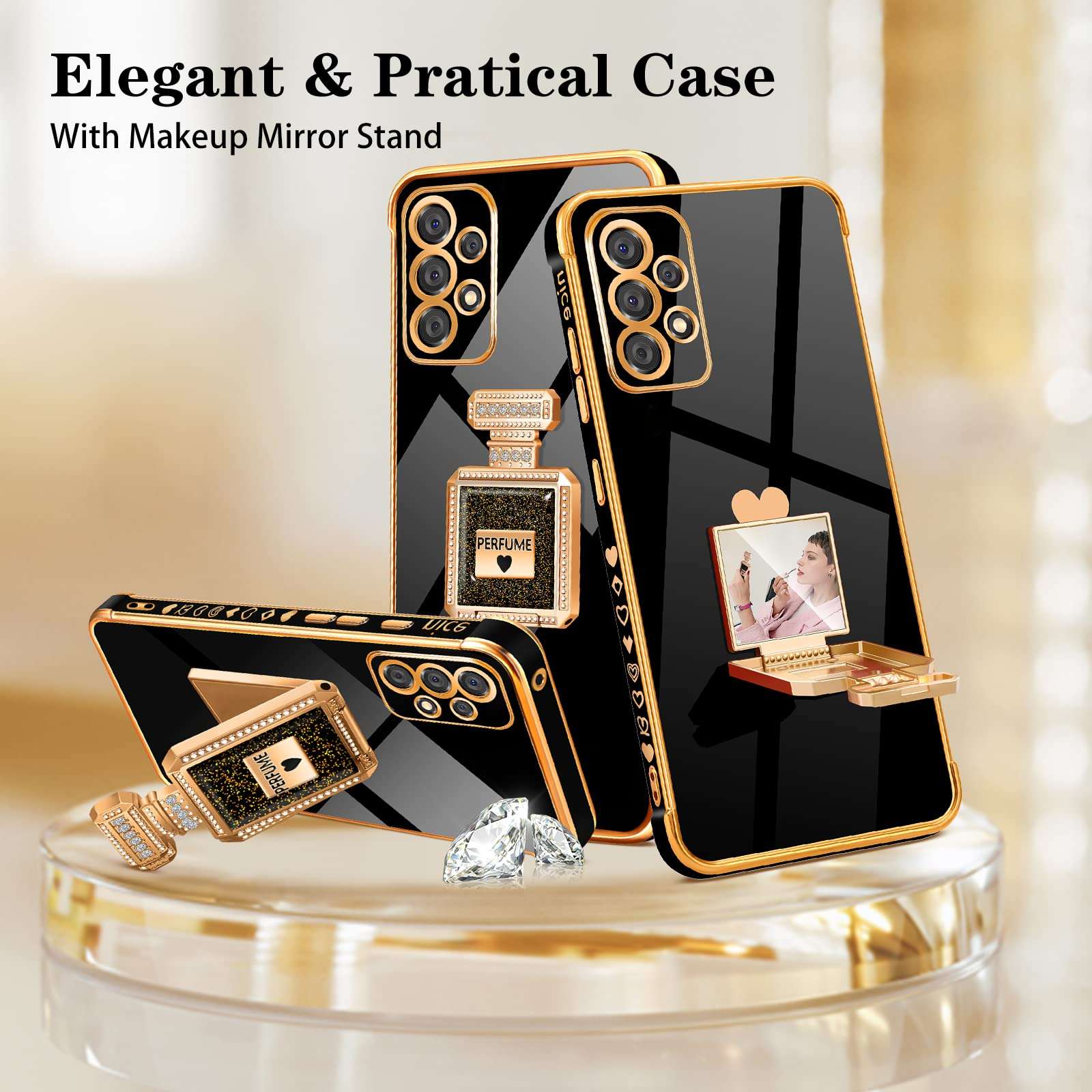 Buleens for Samsung Galaxy A53 5G Case with Cute Metal Perfume Bottle Mirror Stand for Women Girly Heart Cases for Galaxy A53 5G Case, Elegant Luxury Phone Cover for Samsung A53 5G Case 6.5'' Black 6