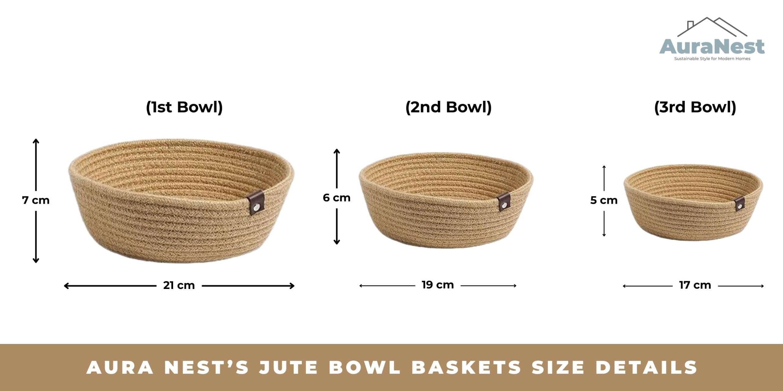 AuraNest Handwoven Jute Rope Storage Basket Set of 3 (Small, Medium & Large) | Natural Shelf Organizer Bins for Kitchen, Home, Pantry, Bathroom & Wardrobe | Eco-Friendly Multipurpose Storage Baskets 3