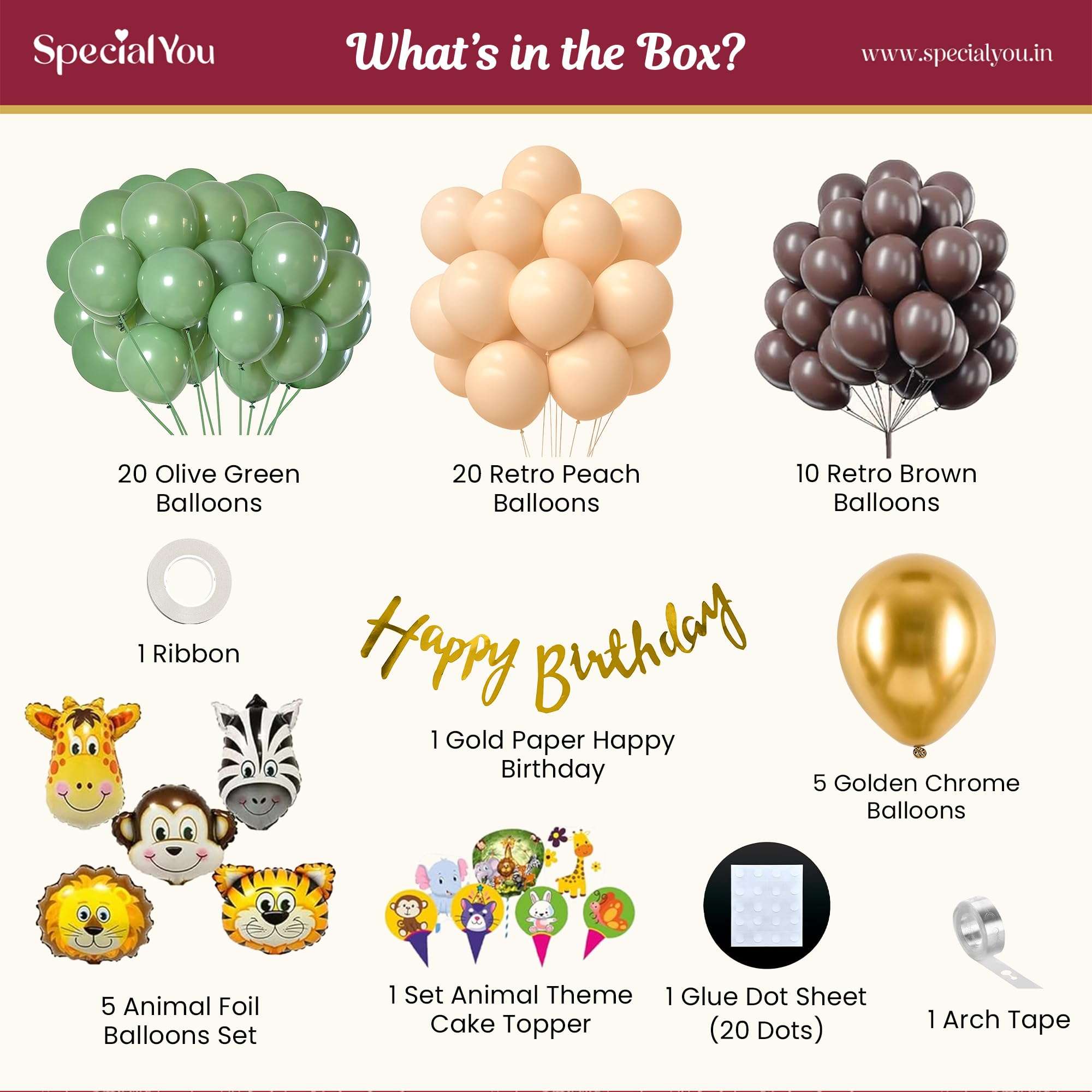 Special You Jungle Theme Birthday Decoration kit for Boys, Girls with Olive Green, Peach, Retro Brown Balloons, Animal Foil Balloons for Decoration, Jungle Cake Topper, Birthday Decor Items- 65 Pcs 3