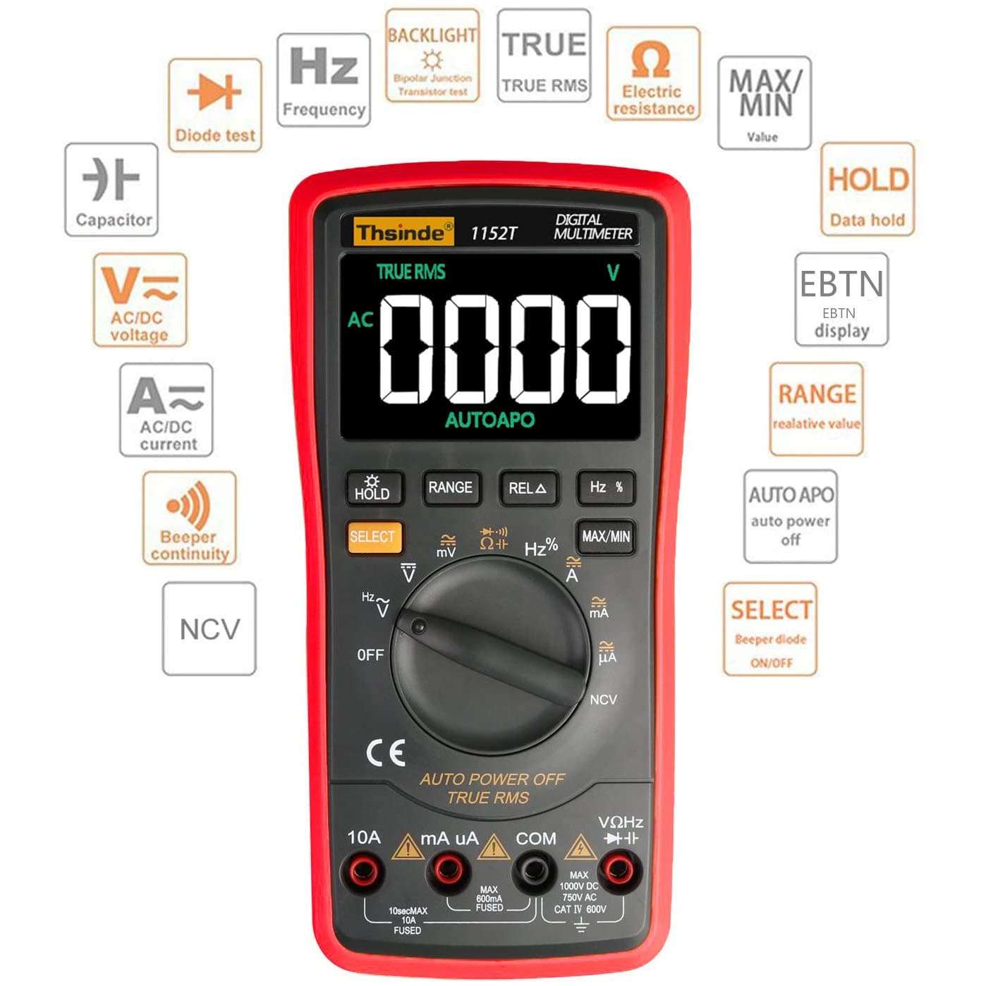 Auto Ranging Digital Multimeter TRMS 6000 with Battery Alligator Clips Test Leads AC/DC Voltage/Account,Voltage Alert, Amp/Ohm/Volt Multi Tester/Diode(EBTN Screen,Red) 2