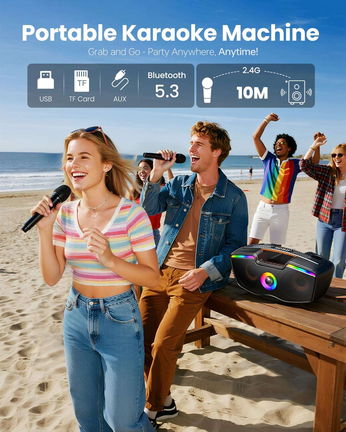 SORDA Bluetooth Karaoke Machine for Adults & Kids, 80W Portable Speaker with 2 Wireless Microphones, Echo Adjustment, Support USB/AUX/TF Card, for Outdoor/Indoor Gathering Gifts 6