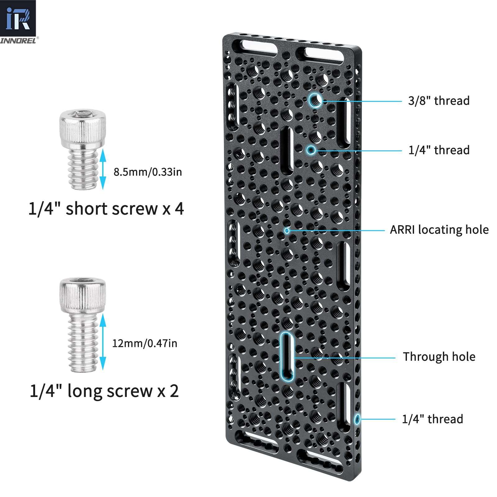 INNOREL CP3010 Multi-Functional Cheese Plate with 1/4" & 3/8" Threads, Expansion Mounting Switching Cheese Plate, Installing Cheese Board Camera Cage On Guide Rail Block(11.8" x 3.9" x0.39") 4