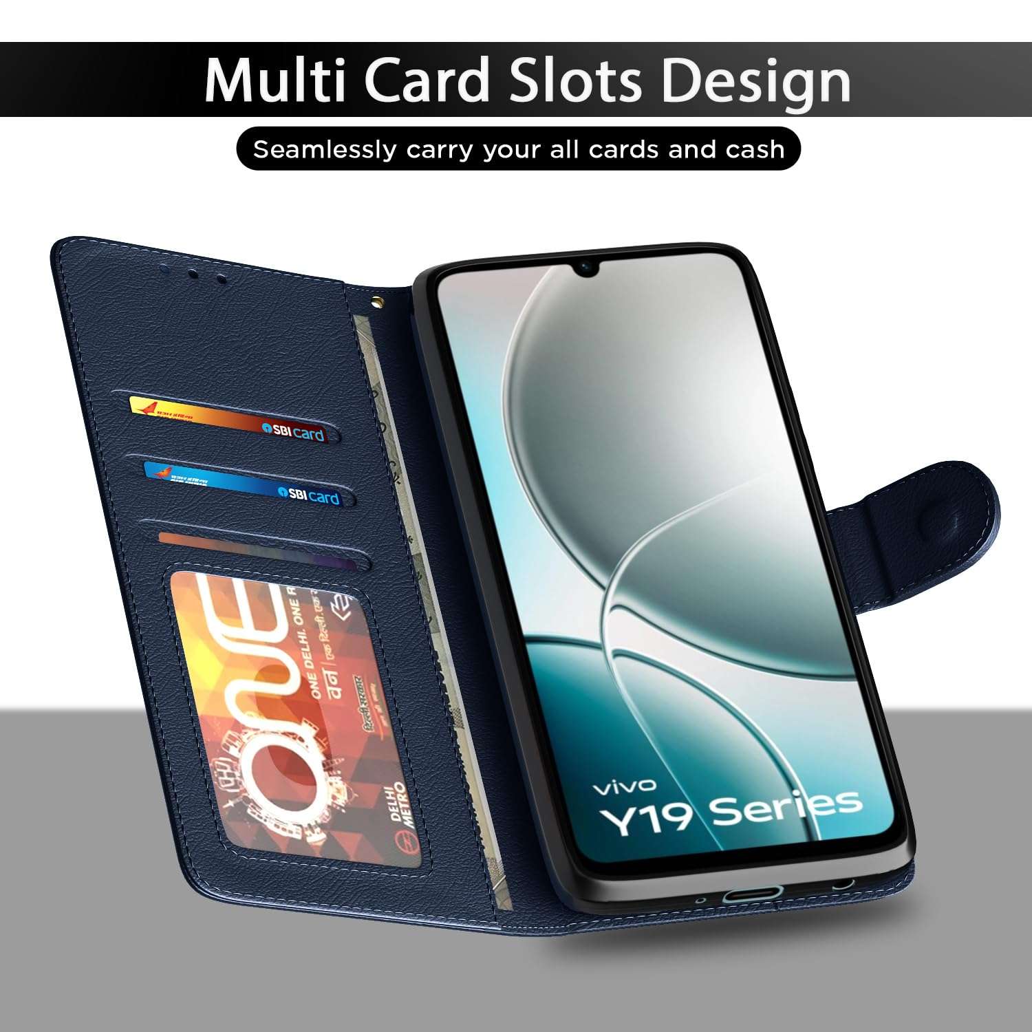 Outlouders Flip Cover for Vivo Y19e / Y04 4G / Y29s 5G | Leather Finish | Card Slots | Wallet Stand | Shockproof Protection Flip Case (Blue) 6