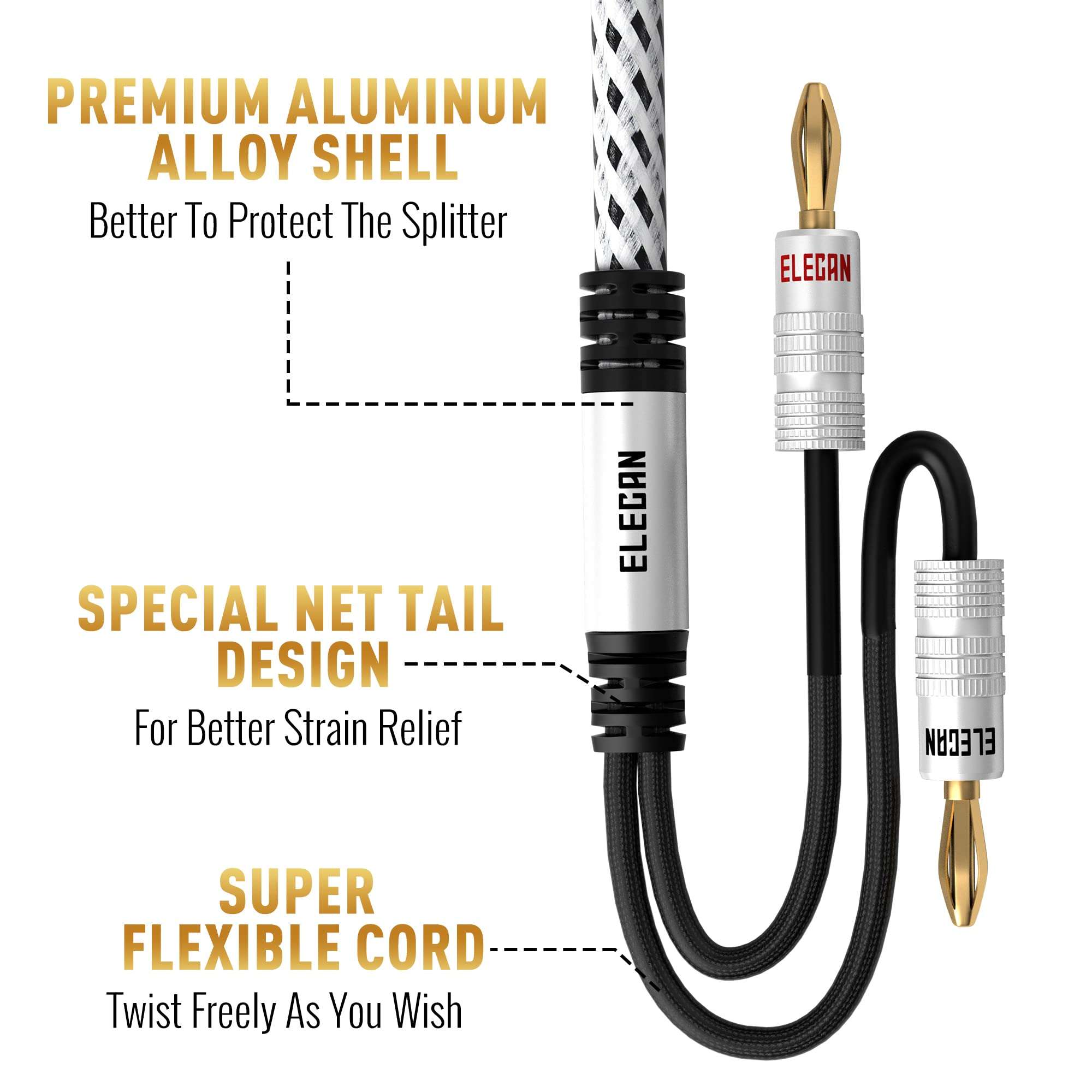Elecan 14 AWG Speaker Cable Wire 30 Feet with Gold-Plated Banana Tip Plugs-CL2 Rated-in Wall-Heavy Duty Nylon Braided, Oxygen-Free Copper (OFC)-White-with 5 Cable Ties 4