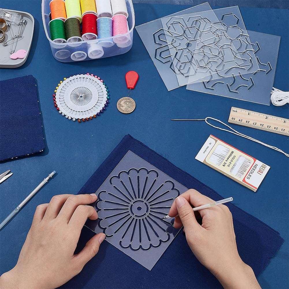 WEBEEDY 4 Styles Acrylic Sashiko Stencil Reusable Tree,Hexagon,Windmill,Clover Sashiko Pattern Template for Adults Beginners Drawing Line Template for Hand Quilting Embroidery,12x12x0.2cm/4.7x4.7x0.1 6