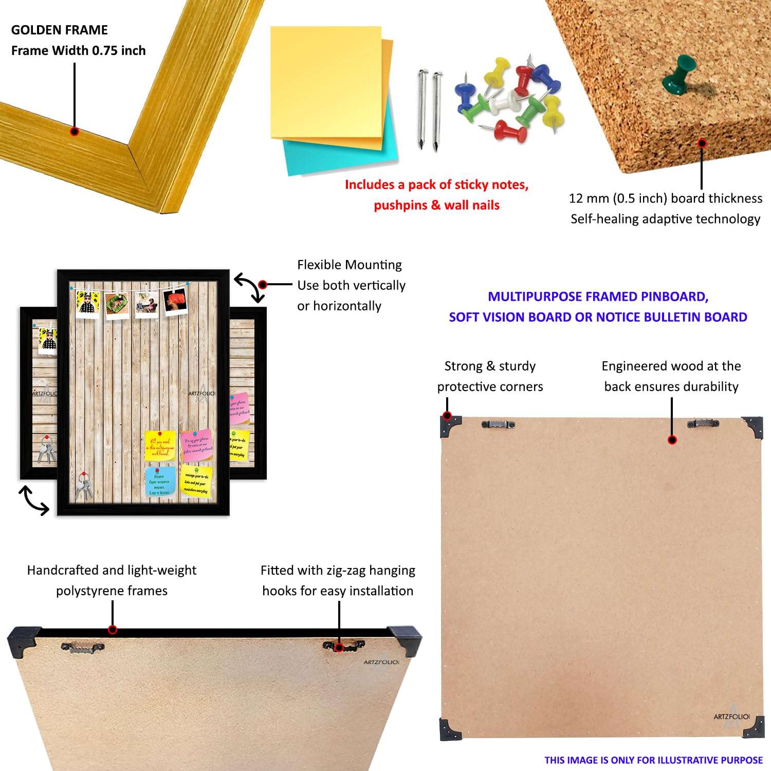 ArtzFolio Abstract Marble Art D3 | Bulletin Board Notice Pin Board | Vision Soft Board Combo with Thumb Push Pins & Sticky Notes | Golden Frame | 24 x 16 inch (61 x 41 cms) 5