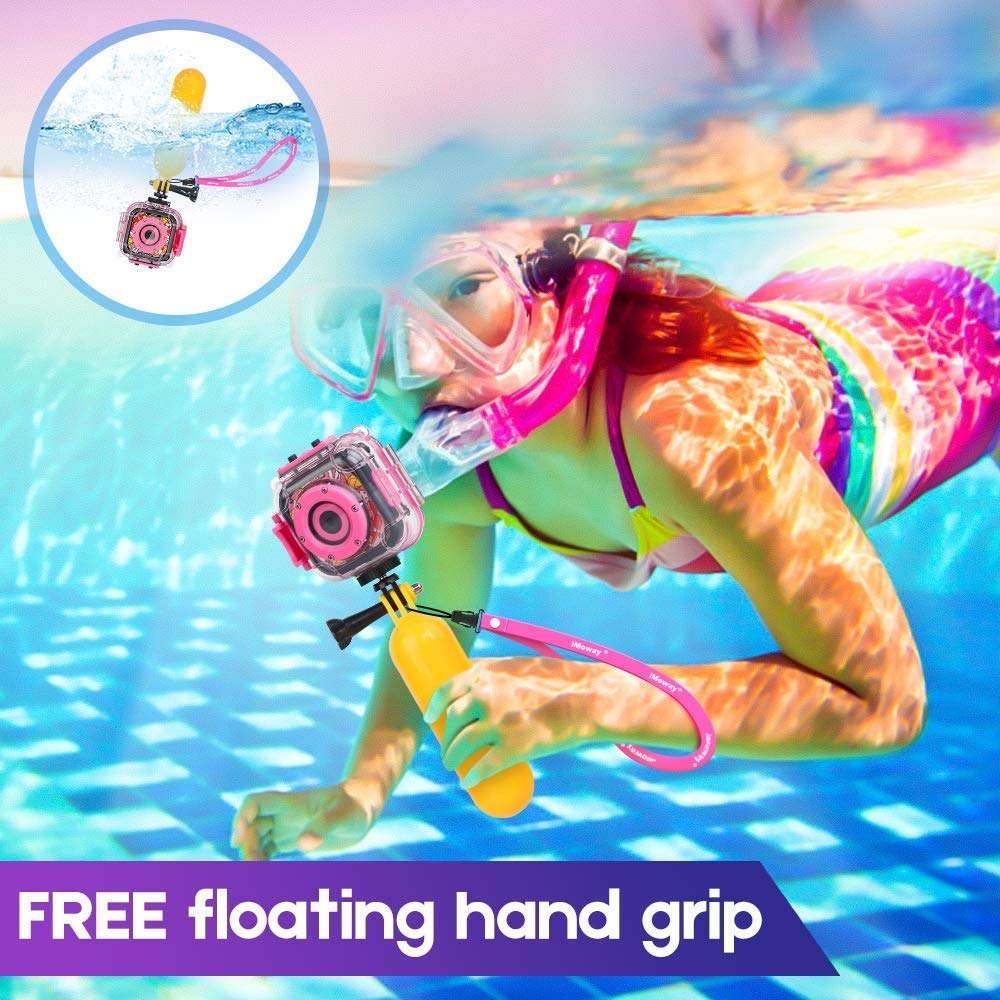 Kids Camera, iMoway Waterproof Video Cameras for Kids HD 1080P Kids Digital Cameras Camcorder with 16GB Memory Card, Card Reader and Floating Hand Grip (Pink) 2