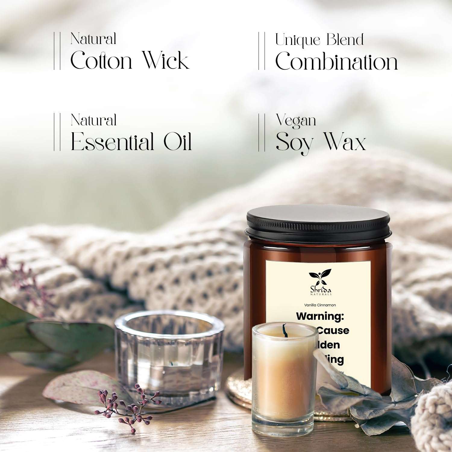 Shrida Naturals Vanilla Cinnamon Soy Candle 100% Natural Soy Wax Jar Candle, Essential Oil Scented Aromatherapy, 180g, 40+ Hour Clean Burn, Warm Home Fragrance, Premium Gift for Bedroom & Living Room 6