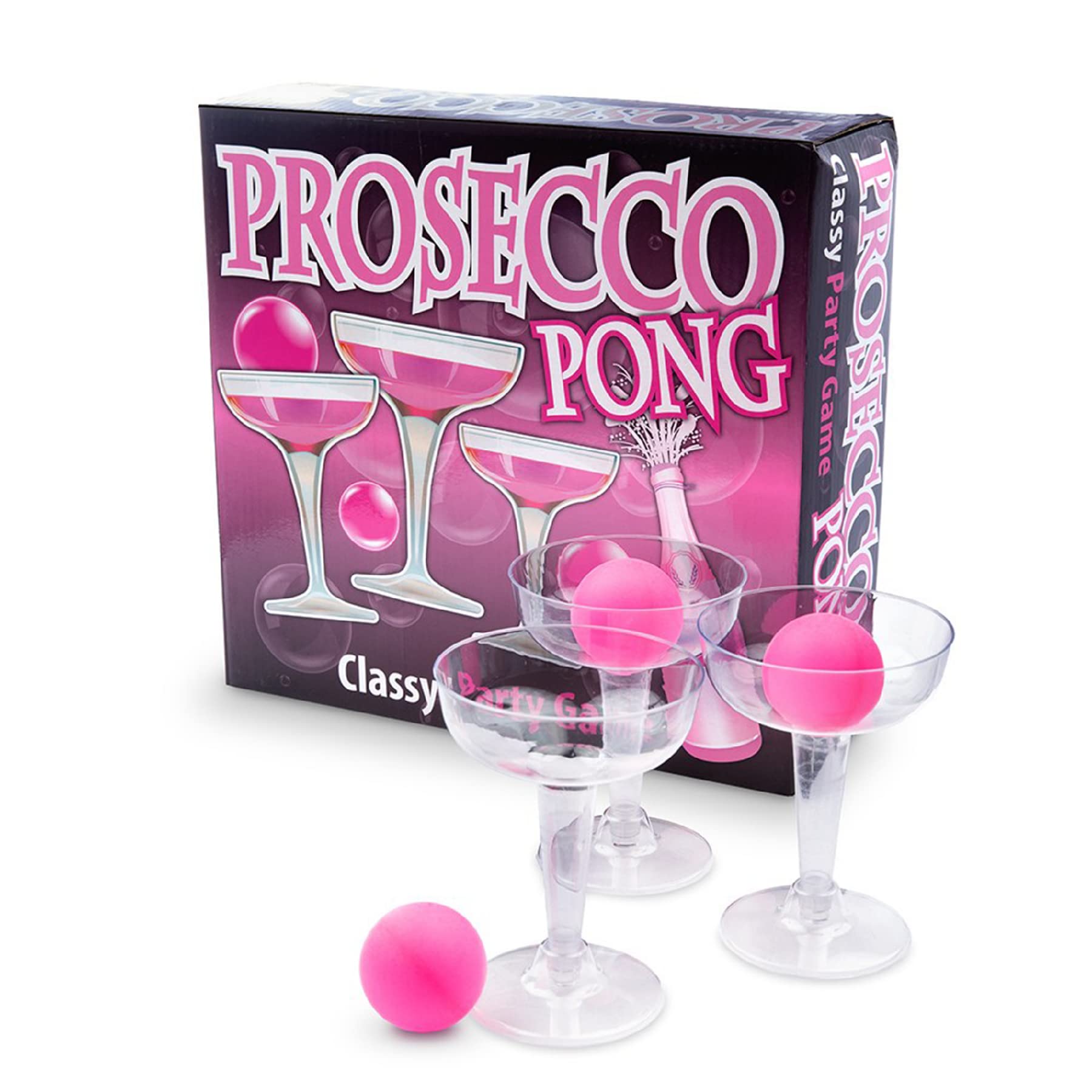 Wanna Party Prosecco Pong Classic Party Game containing Prosecco Glasses and 3 Pink Pong Balls for Weddings, Birthdays, House Party, Girls Night Out Party