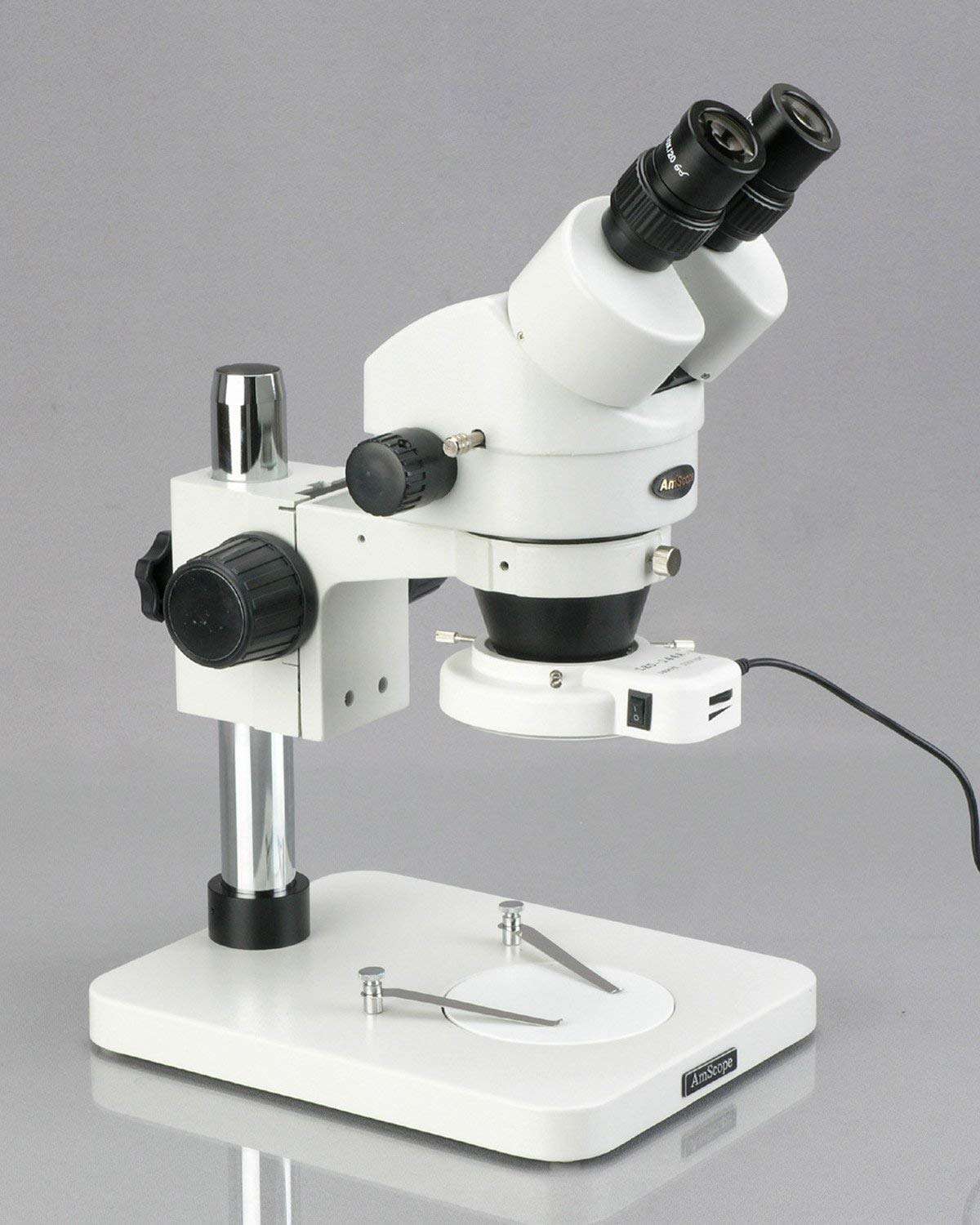 AmScope SM-1BSZZ-144S Professional Binocular Stereo Zoom Microscope, WH10x and WH20x Eyepieces, 3.5x-180x Magnification, 0.7X-4.5X Zoom Objective, 144-Bulb LED Ring Light, Pillar Stand, 110V-240V, Includes 0.5x and 2.0x Barlow Lenses 3