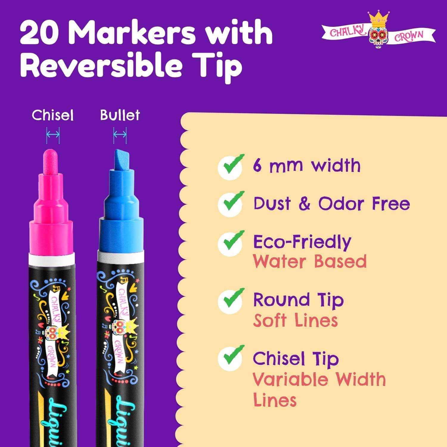 Liquid Chalk Markers - Erasable Chalk Pens, Chalkboard Markers - Chalk Markers for Chalkboards, Signs, Windows, Blackboard, Glass - Reversible Tip, 20 pack (Bold Multicolored, 6mm) 3