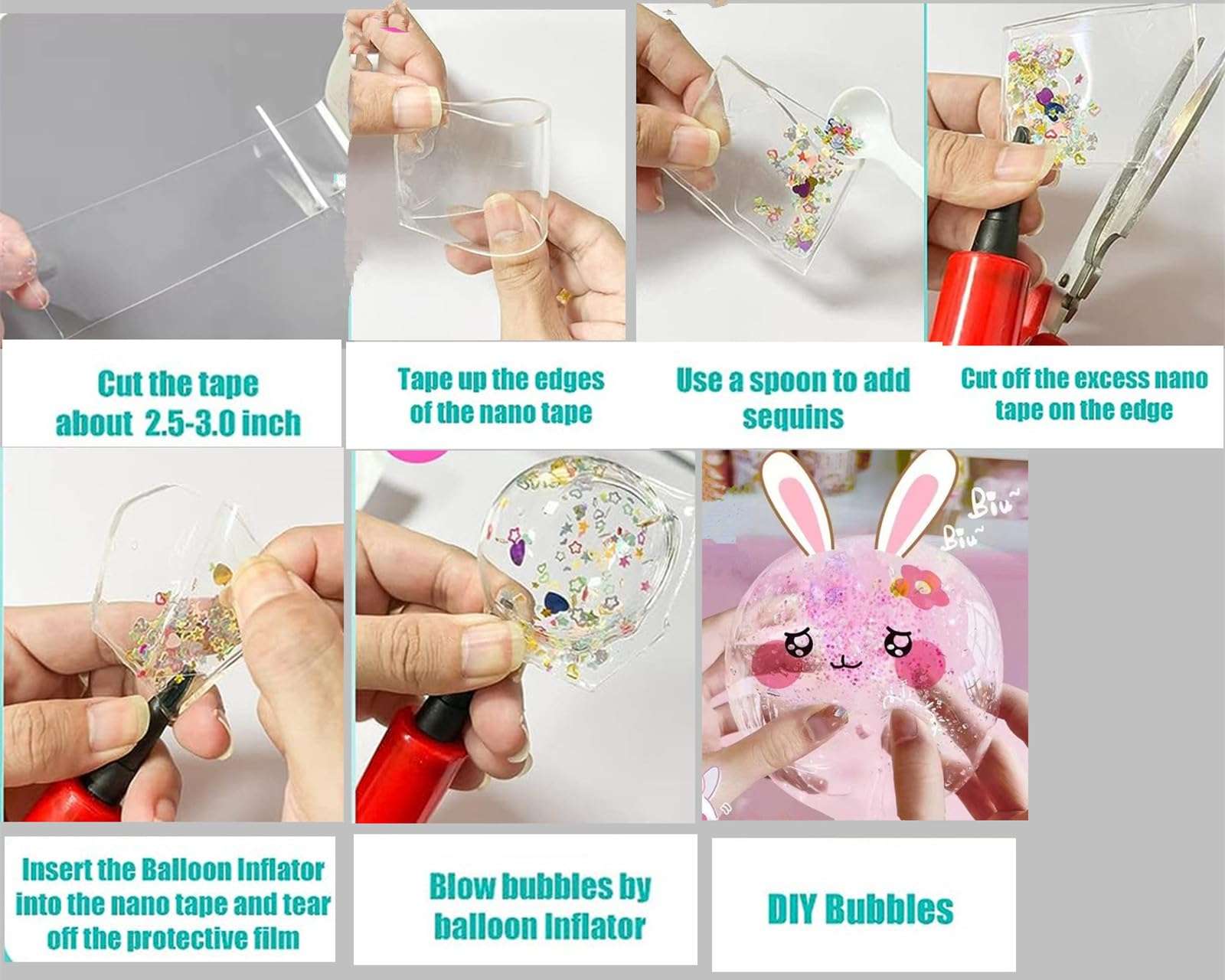 QIRANIYY Nano Tape Bubble Kit Nano Double Sided Adhesive Tape Bubbles Plastic Bubble DIY Craft Kit, Nano Tape Bubble Kit for Kids, Girls, Boys, 9.84Ft×2Pcs Clear Nano Tape DIY Kit 4