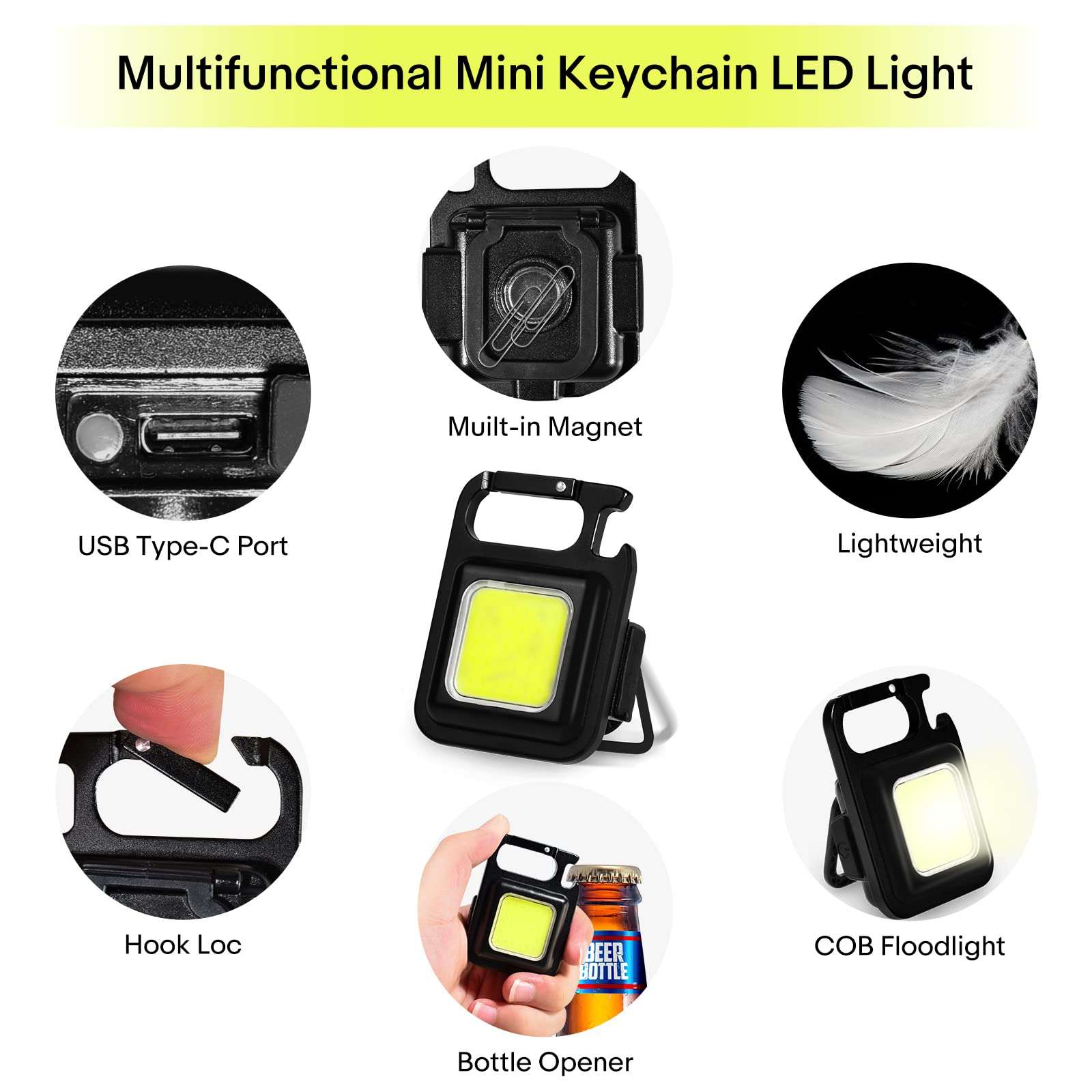 NineLeaf Portable Flashlight Keychain,COB Keychain Work Light,1000 Lumen Emergency Light Flashlights 4 Light Modes,with Folding Bracket Bottle Opener and Magnet Base,Walkig Dog,Camping and Hiking 5