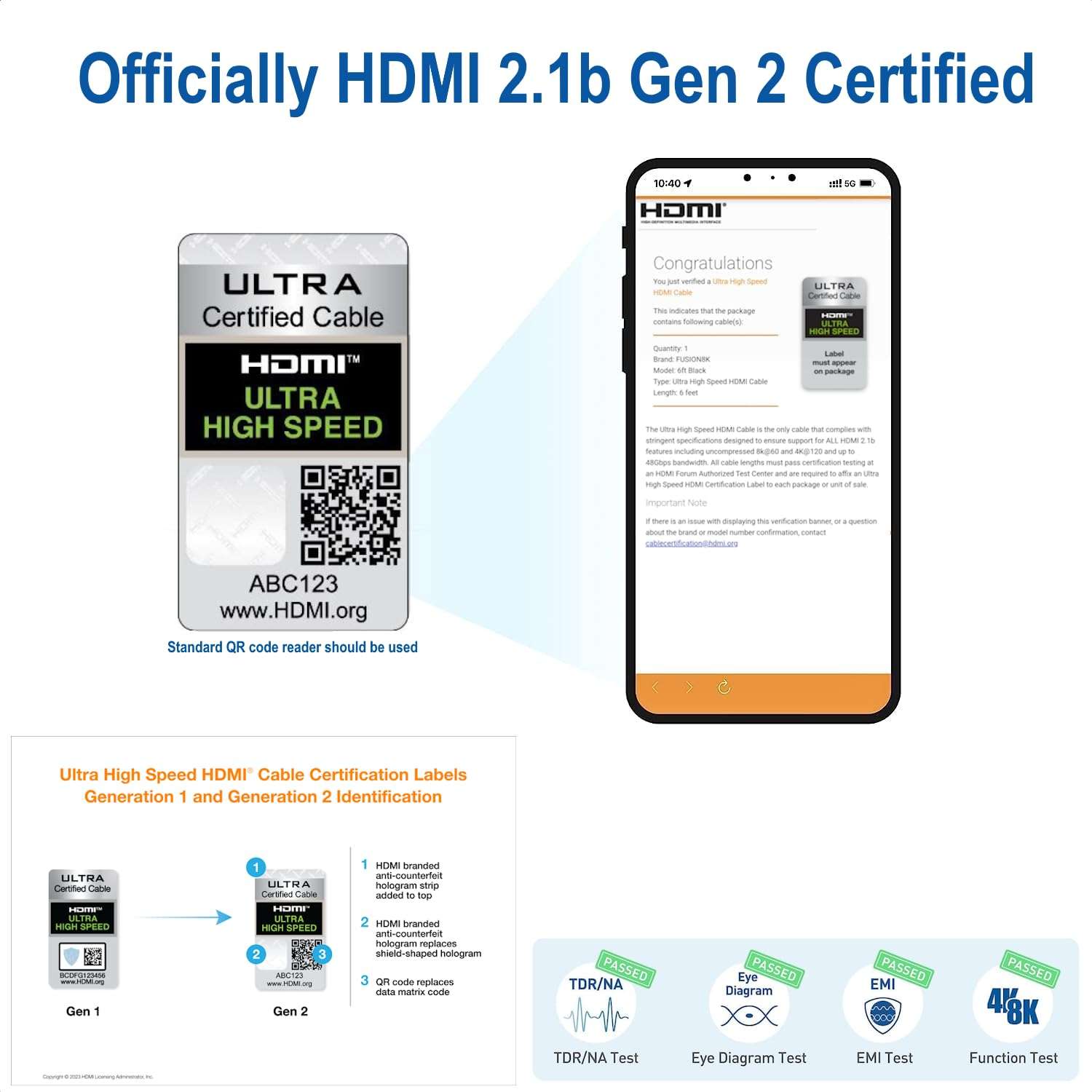 Fusion8K HDMI 2.1 Certified Cable Supports 10K 8K @60Hz and 4K @120Hz Compatible with All TVs, BluRay, Xbox Series X, PS5 (6 Feet) 3