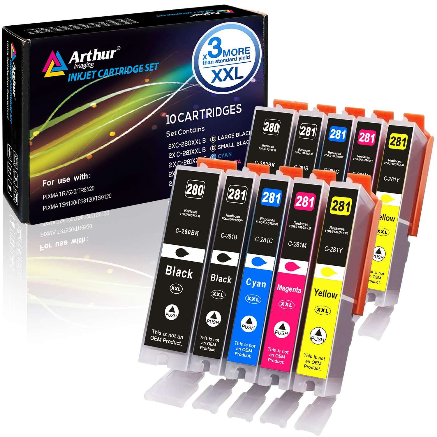 Arthur Imaging Compatible Canon Ink cartridges 280 and 281 Replacement PGI-280XXL CLI-281XXL PGI 280 XXL CLI 281 XXL PIXMA TR7520 TR8520 TS6120 TS6220 TS8220 TS9120 TS9520 TS9521C Printer (10 Pack) 1