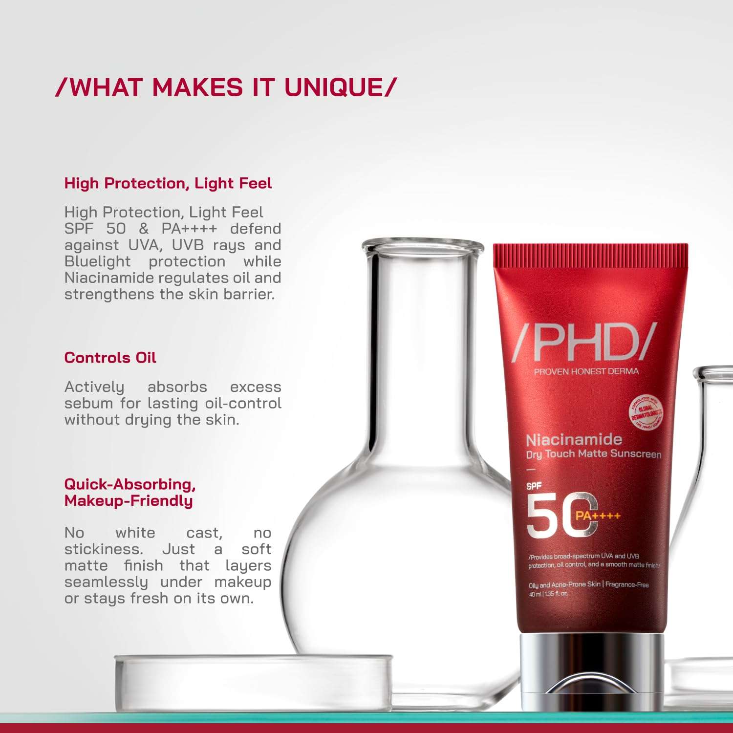 /PHD/Niacinamide Dry Touch Matte Sunscreen SPF50 PA++++ | Oil Control for Oily & Acne-Prone Skin | SPF 50 for Dry Skin | Broad Spectrum UVA UVB Protection | 40 ml 6