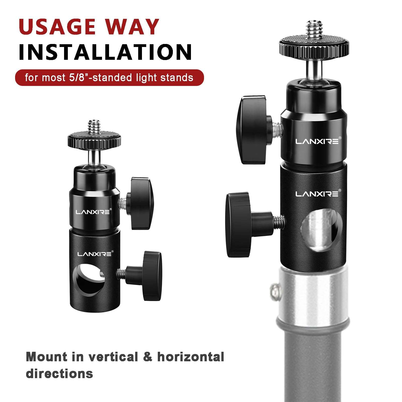 Lanxire Light Stand Mount Adapter with 1/4’’ Screw Mini Ball Head - Compatible with Camera Monitor, Ring Light, Fits Flat Head Light Stand, Boom Arm - Max Load up to 4.4lb/2kg 3