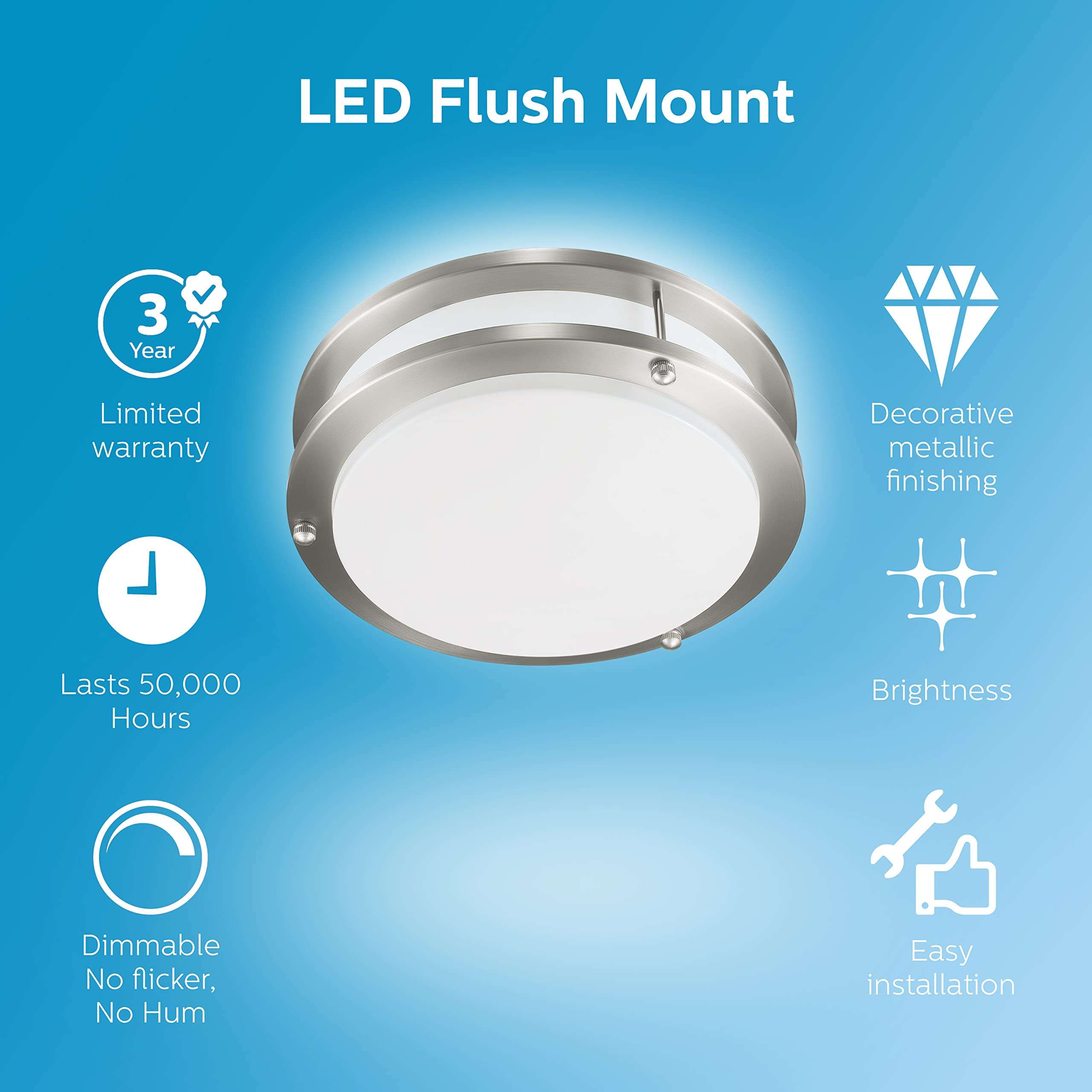 Philips LED Flush Mount Double Ring Ceiling Light 1-Pack Daylight (3000K) 1200 Lumen (16W = 75W) Dimmable Brushed Nickle No Bulbs Required 5