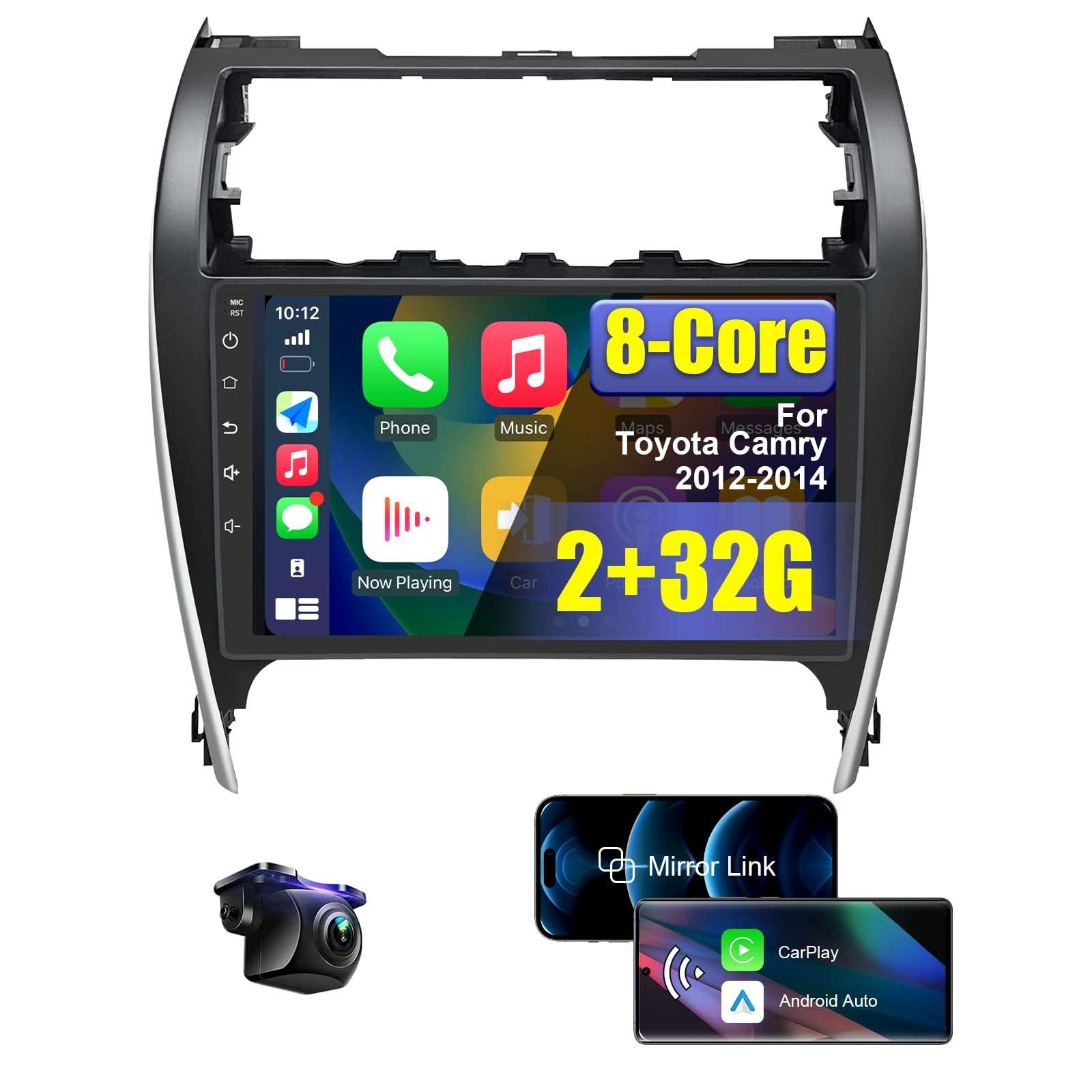 FIUFUL Android Car Radio Stereo for Toyota Camry 2012 2013 2014 with Wireless CarPlay/Android Auto, 8 Core HD Touchscreen Car Radio with AM/FM/RDS Backup Camera WiFi, 2G RAM+32G ROM (8 Core)