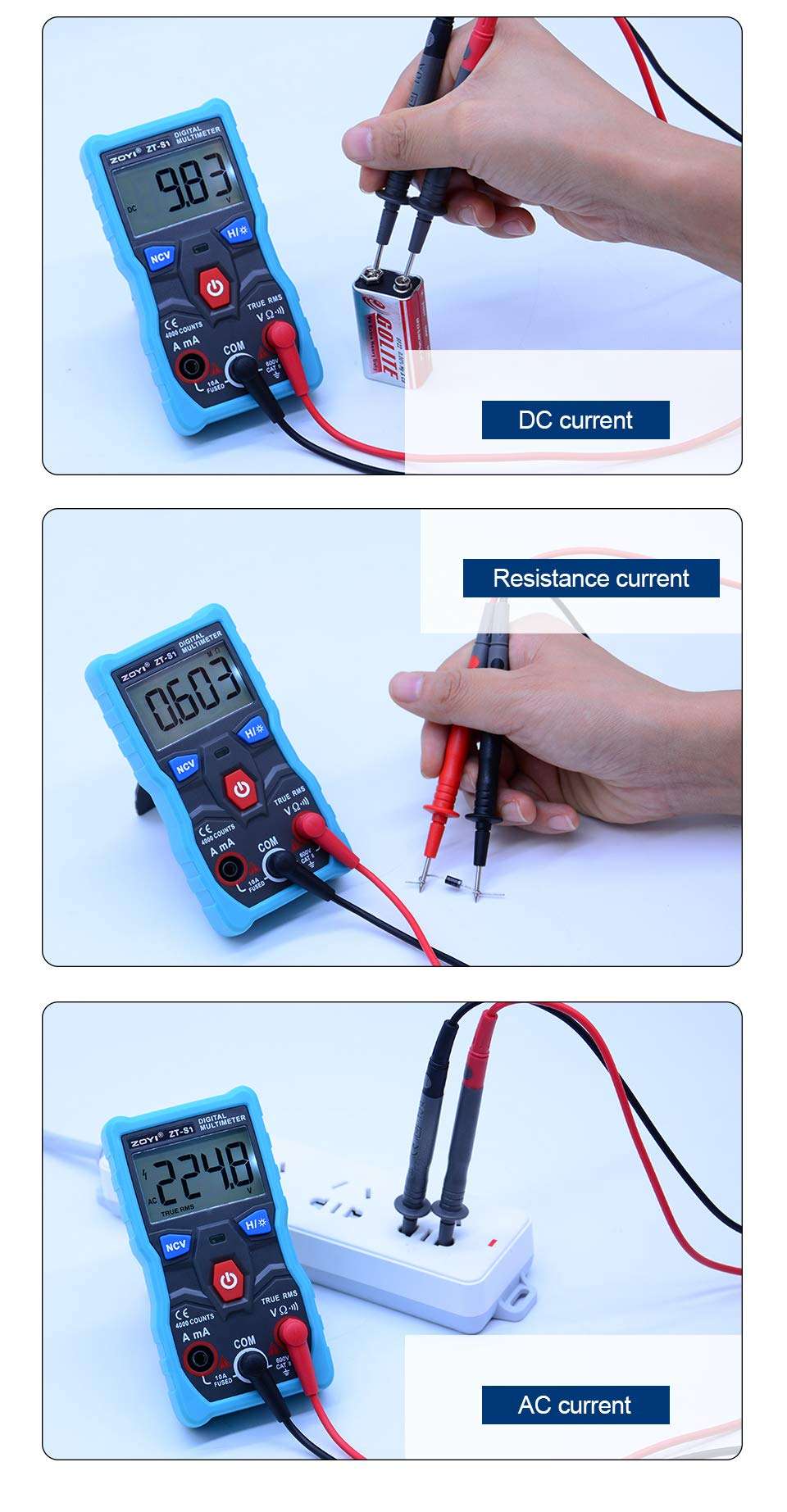 ZT-S1 Automatic Digital Multimeter True-RMS Intelligent NCV 4000 Counts AC/DC Voltage Current Ohm Test Tool-GOLDEN BLUE 6