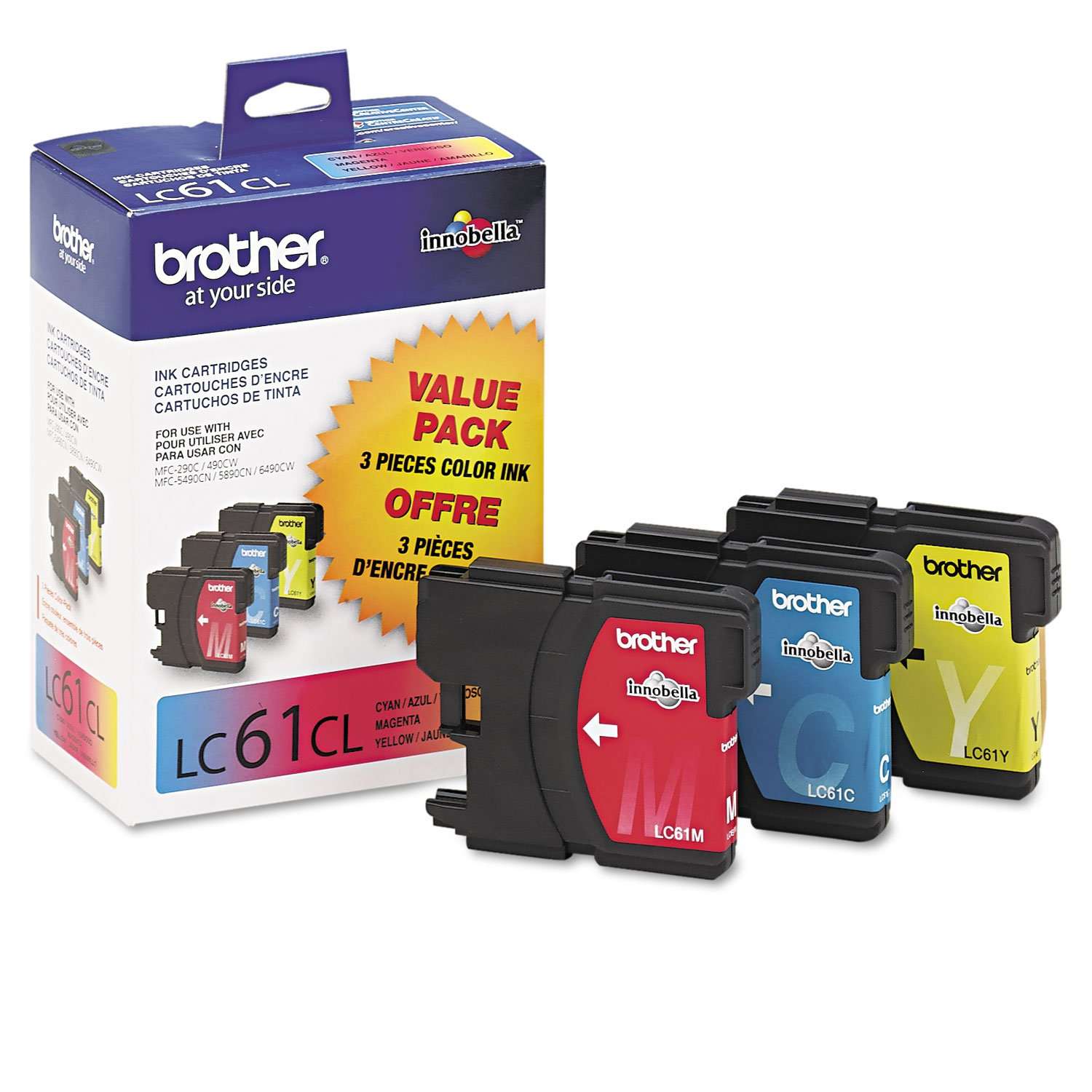 Brother Genuine Standard Yield Color -Ink -Cartridges, LC613PKS, Replacement 3 Pack of Color -Ink, Includes 1-Cartridge Each of Cyan, Magenta & Yellow, Page Yield Up To 325 Pages/ -Cartridge, LC61, Tricolor 3