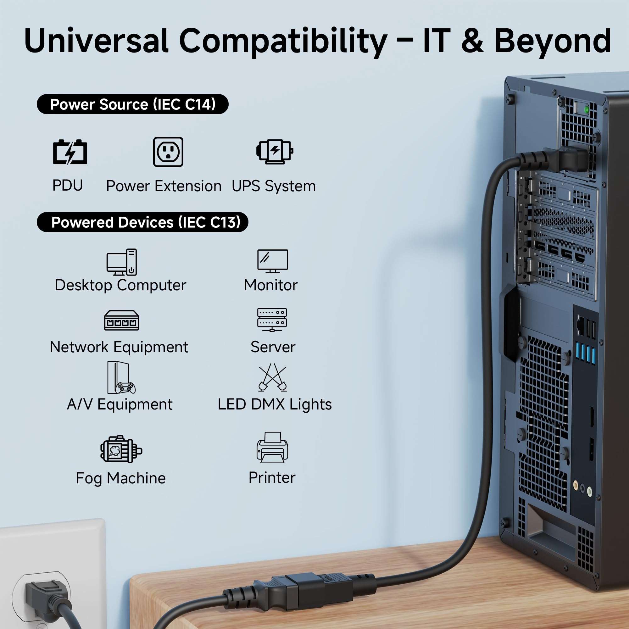 Cable Matters 2-Pack Computer to PDU Power Extension Cord - 6ft, IEC C14 to IEC C13 PDU Power Cord, 10A, 18AWG, Black 3