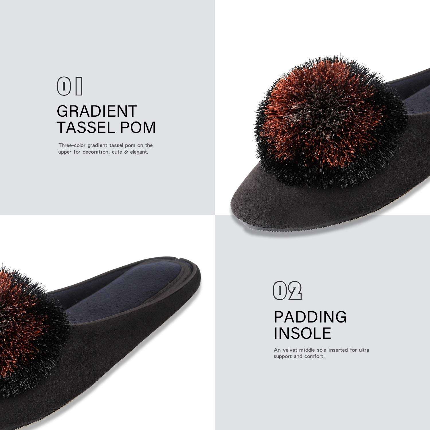 BCSTUDIO Women's Furry Tassel Pom Memory Foam House Slippers with Non Slip Rubber Sole (5-6, Black) 3