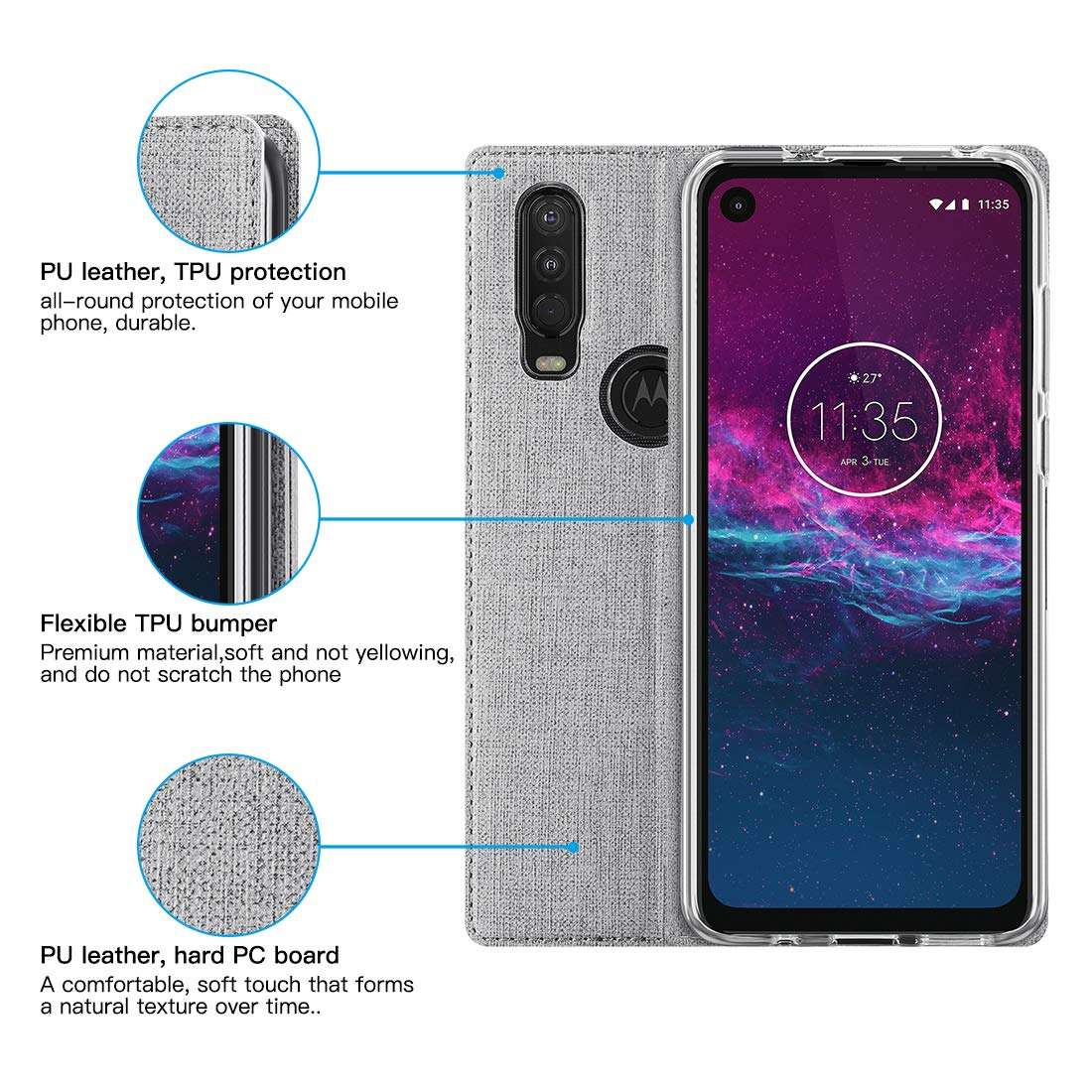 Foluu Motorola One Action Case, Flip Folio Wallet Cover Slim Premium PU Leather Case ID Card Slots Kickstand and Magnetic Closure Clear TPU Bumper Cover for Motorola One Action 2019 (Gray) 6