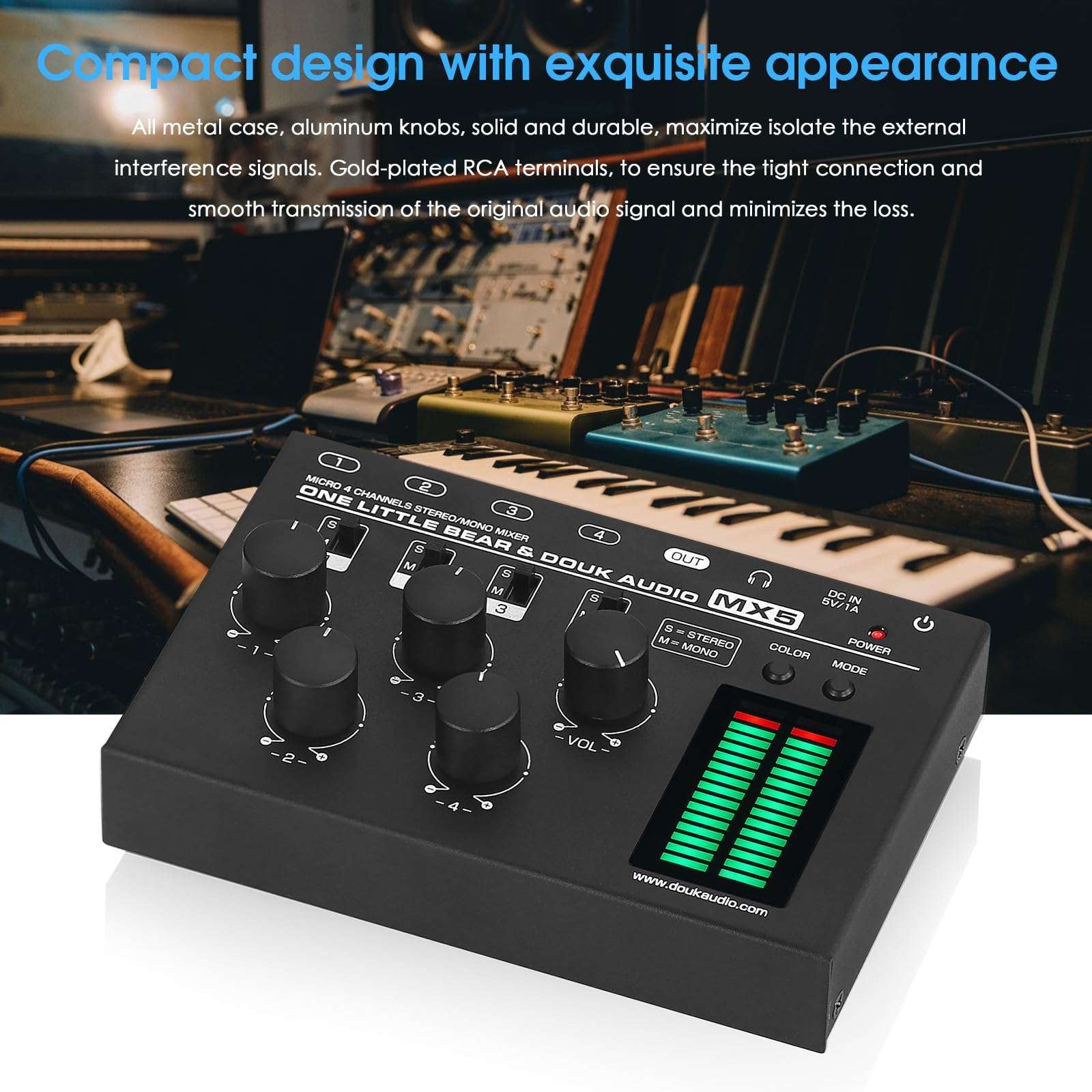 Douk Audio MX5 4 Channel Audio Mixer 4-CH Line-Mixing Mono Stereo Ultra Low-Noise LED Level Meter 5