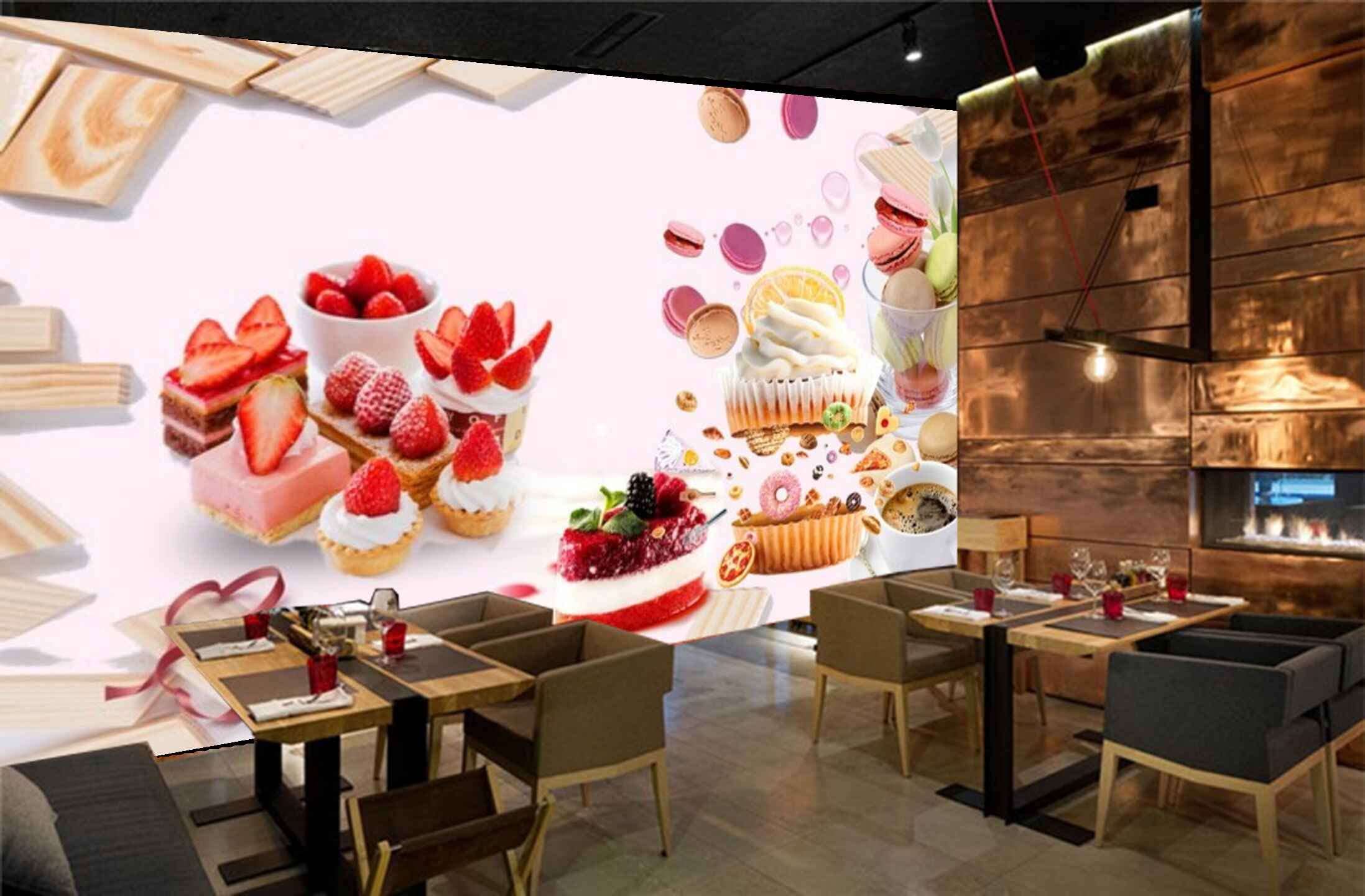 Mystic Walls MWZ3123 Cup Cakes Fruits Cookies Coffee HD 3D Wallpaper for Cafe, Restaurant, Cafeteria[4 ft x 3 ft] / [122 cm x 91 cm] 1