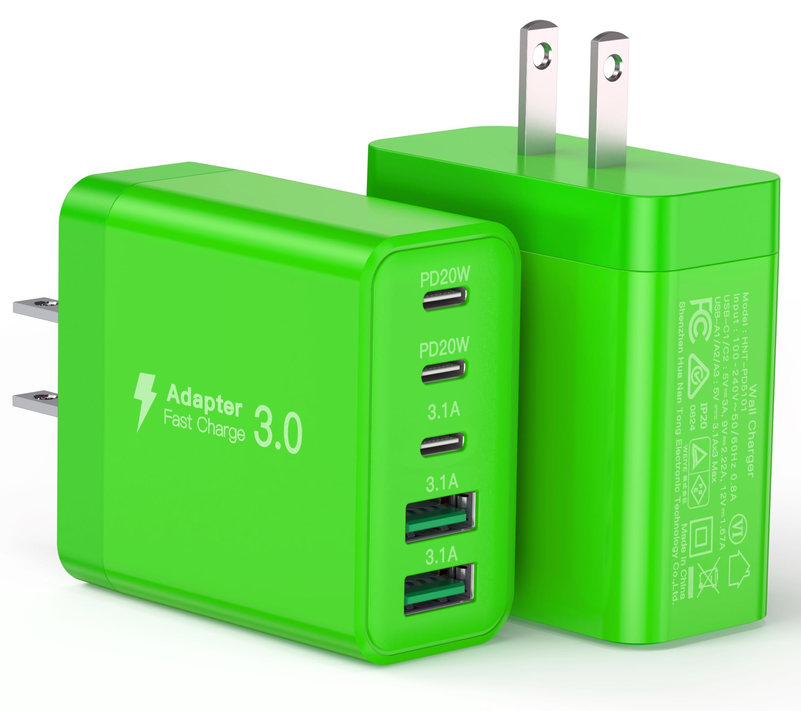 USB C Charger Block, [2-Pack] 50W 5-Port Fast Charger 20W Type C Charging Block 3.1A USB Wall Charger Dual Port PD+QC Charging Cube for iPhone 16 15 14 13 12 11 Pro Max XS, iPad, Samsung, Green