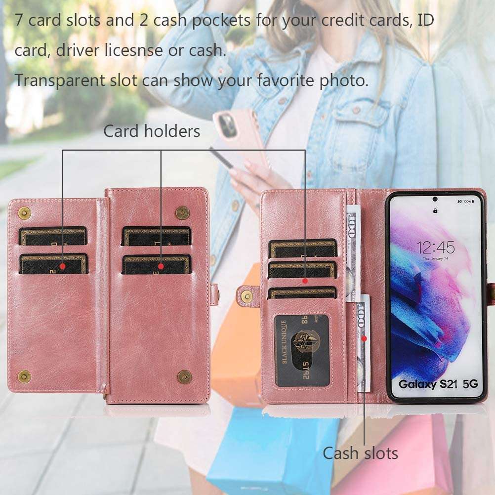 Harsel Samsung S21 Flip Case for Men/Women,Detachable Magnetic Phone Case Folio Cover with Purse Stand Card Holder Money Pouch Strap Pu Leather Cover Wallet Case for Galaxy S21,Pink 3