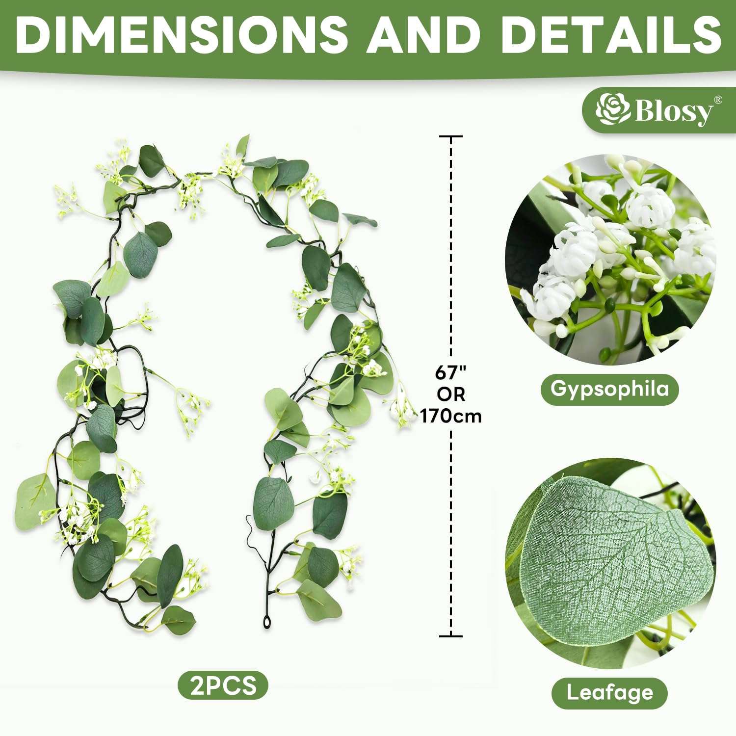 BLOSY 2 Pack Fake Vines with Eucalyptus Leaf & Flower, Artificial Ivy Garland for Room Decor, Green Flowers Hanging Plants Faux Greenery Leaves Bedroom Aesthetic for Home Garden Wall Wedding 4