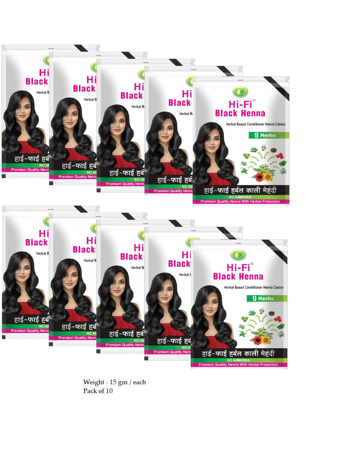 HI-FI India Natural Herbal Conditioner Henna Colour | Amonia Free Hair Colour | Natural Black Colour 15 Gms - Pack of 10 1
