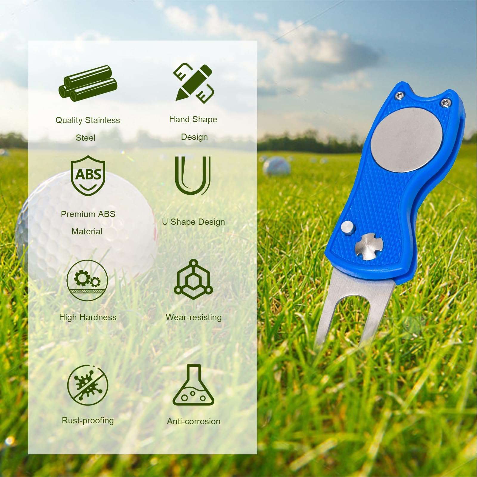 2 Pack Foldable Golf Divot Repair Tool Golf Divot Tool with Magnetic Button Ball Marker Divot Tool and Ball Marker for Golfers (2, White+Blue) 4