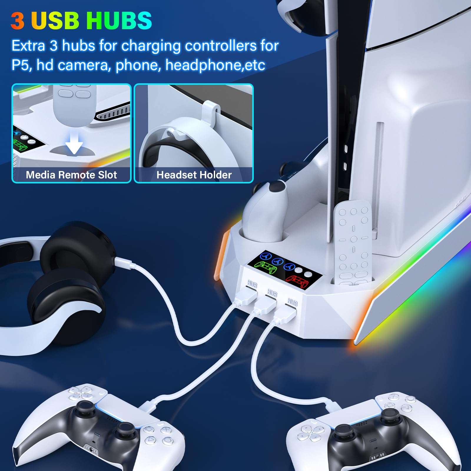 PS5/PS5-Slim-Cooling-Station-with-Controller-Charging-Station for PlayStation 5 Console Disc/Digital, LED RGB Light Cooling Stand with Cooler Fan for PS5 Accessories with 3 USB Hubs/Headset Holder 6