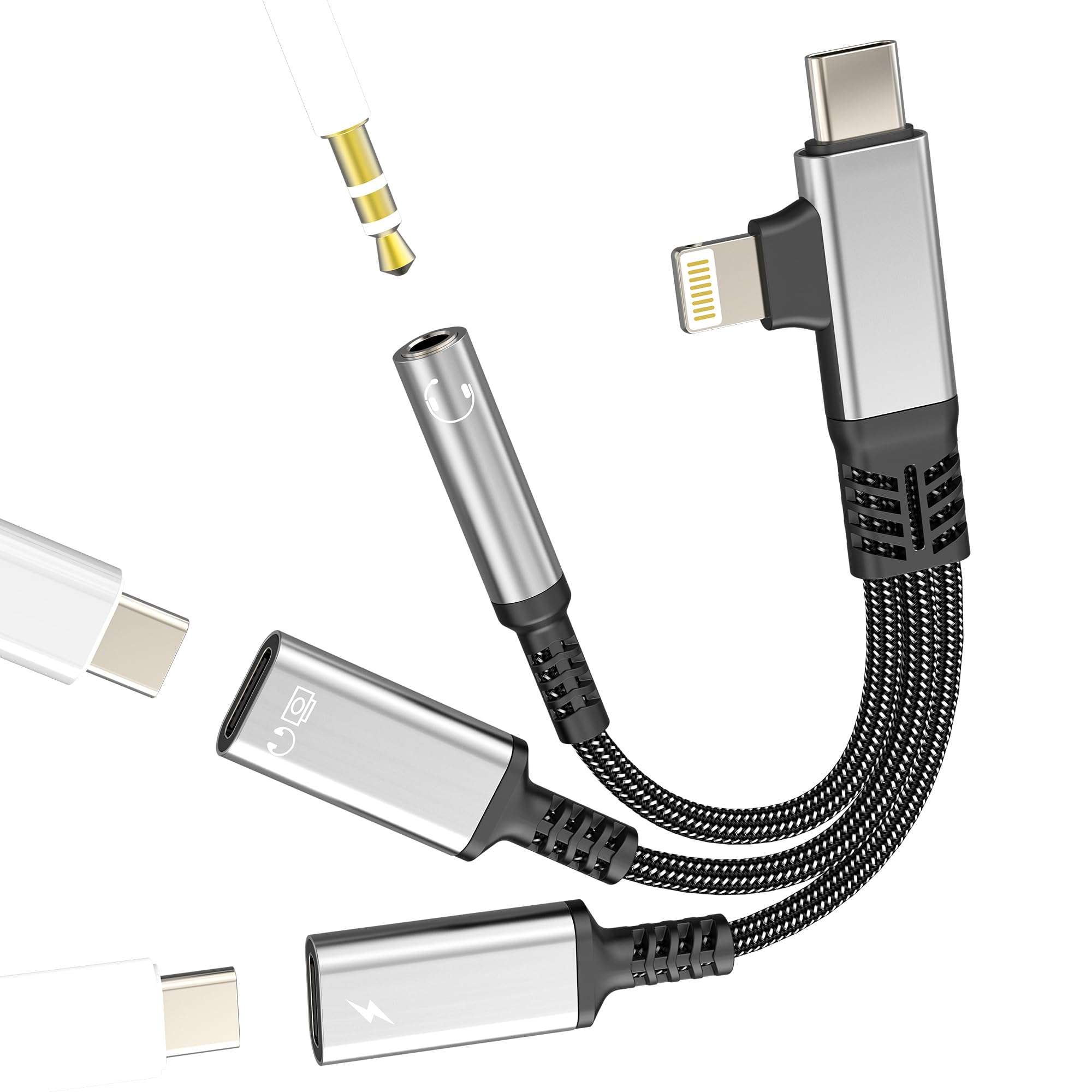 Lightning USB C Splitter(3in2) Type C OTG Data Headphone 3.5mm Audio Jack Adapter for iPhone 17 16 15 14 Aux Dongle Charger for IPad Dual Charging Car Lighting Dac Ear Compatible for Samsung 1