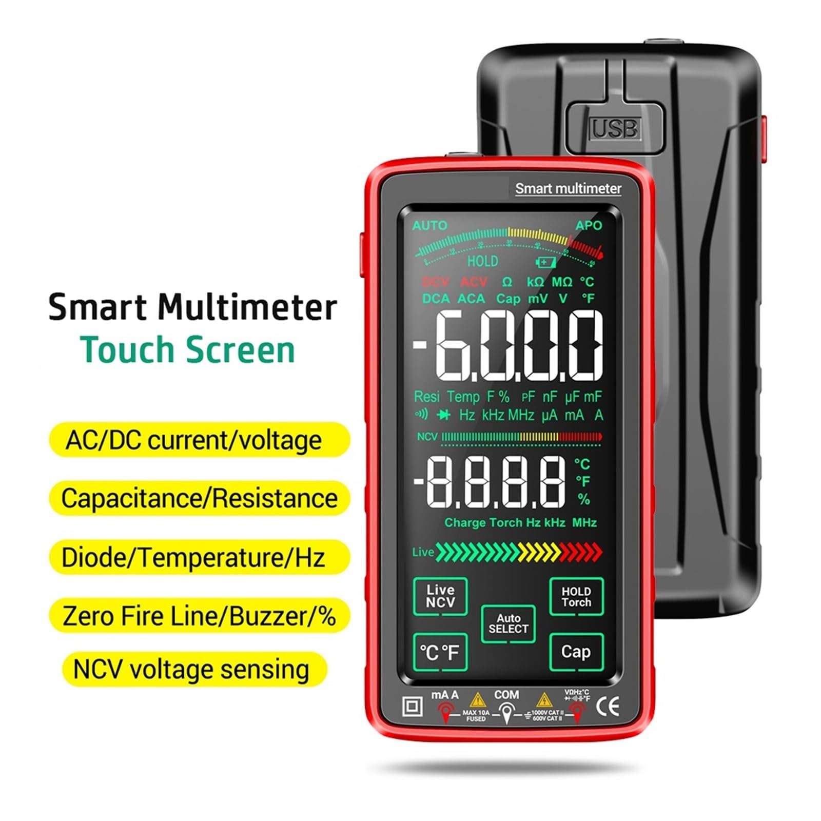 LIBODD Smart Digital Multimeter Touch Screen 6000 Counts AC/DC Ammeter Voltmeter Rechargeable Ohm Diode NCV Multimeter Tester(681) 3