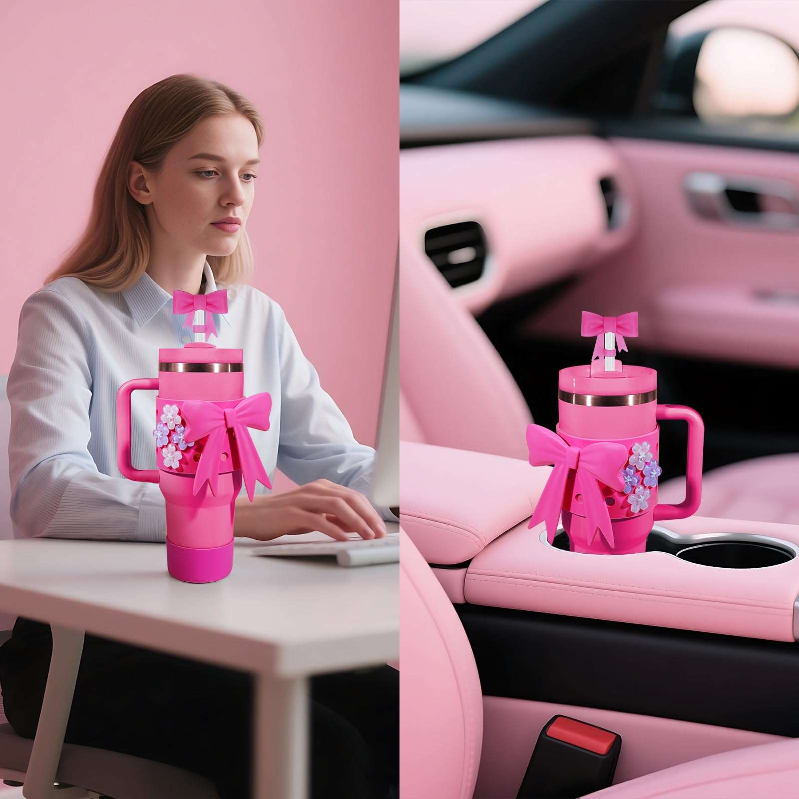 Miglaja Accessories for Stanley Cup 40OZ, Silicone Bow Set Contains Bows Straw Cover, Holey Cups Cover，Cup Boot, Flower Charms and Big Bow(Fuchsia) 6