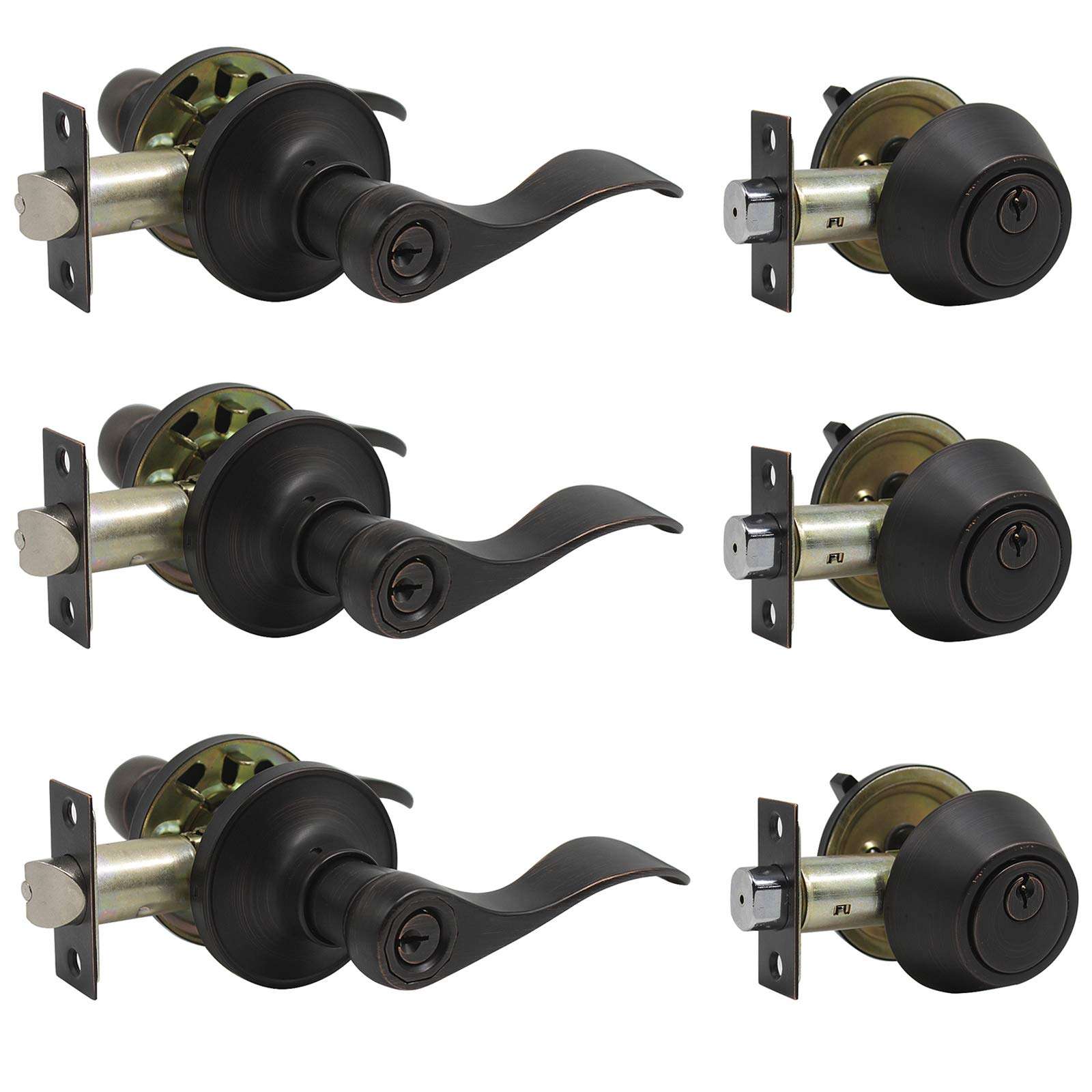 Gobrico Entry Door Lever Sets and Single Cylinder Deadbolt Combo Set with Same Keys Front Entrance Door Handles with Lock 3 Pack Door Locksets in Oil Rubbed Bronze 1