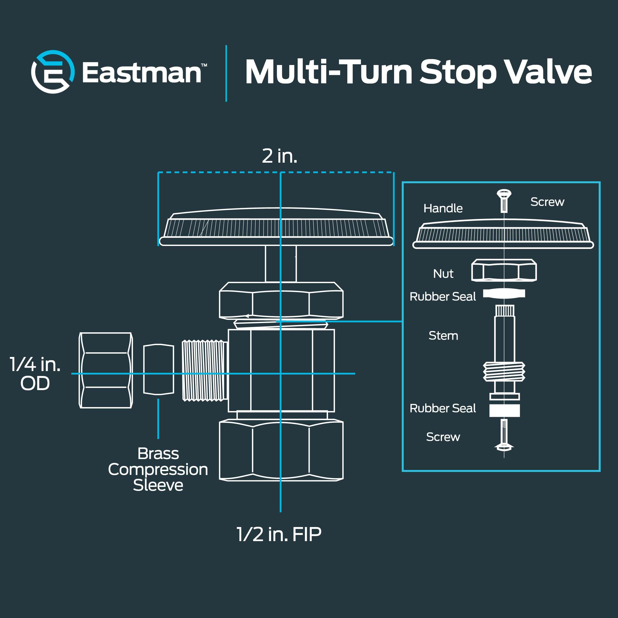 Eastman 1/4 Inch OD Compression x 1/2 Inch FIP Compression Multi-Turn Angle Stop Valve, Brass Plumbing Fitting, Chrome, 04129LF 6