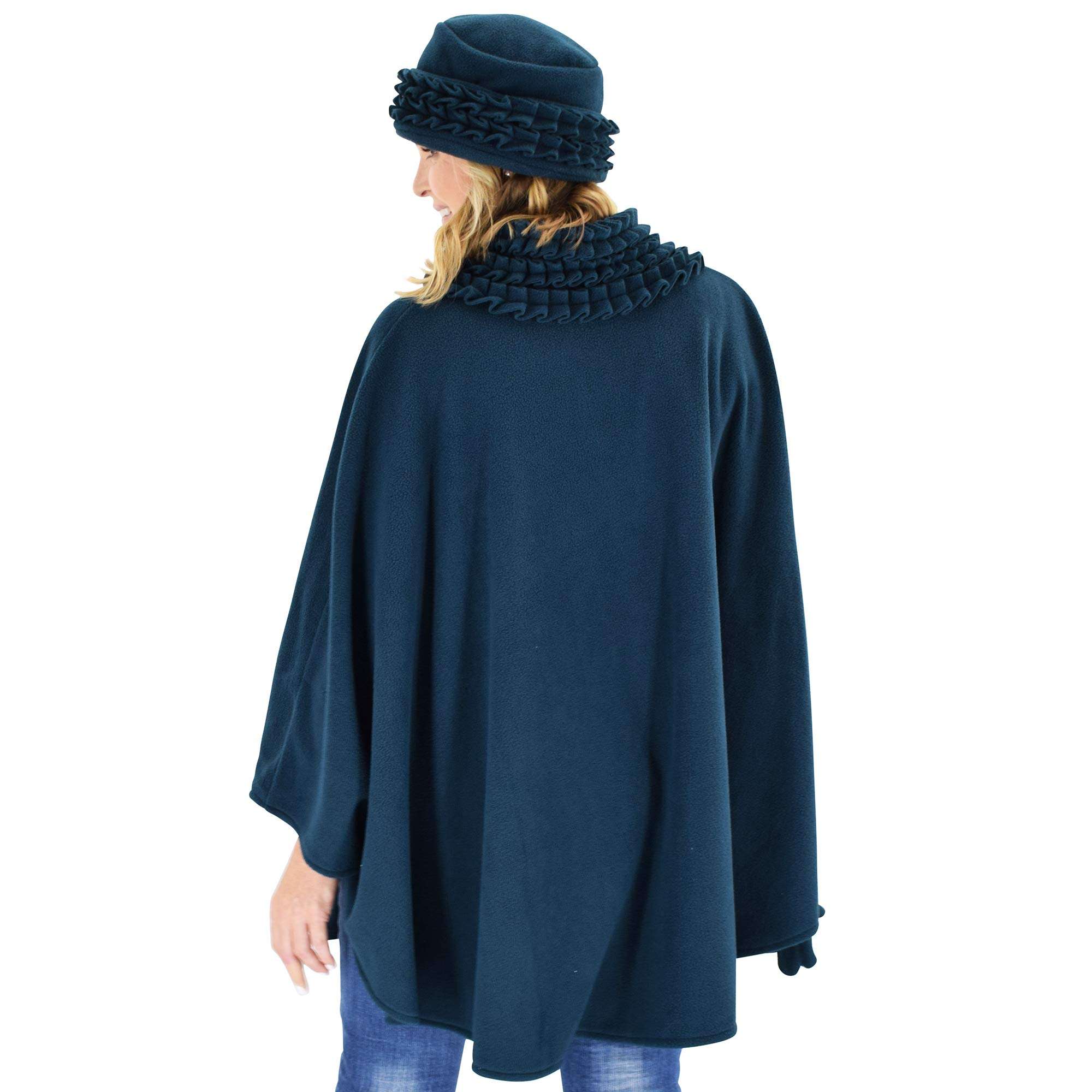 Le Moda Women's Ruffle Trim Polar Fleece Wrap with Matching Gloves and Hat | Winter Collection | One Size Fits All (Teal Blue) 3