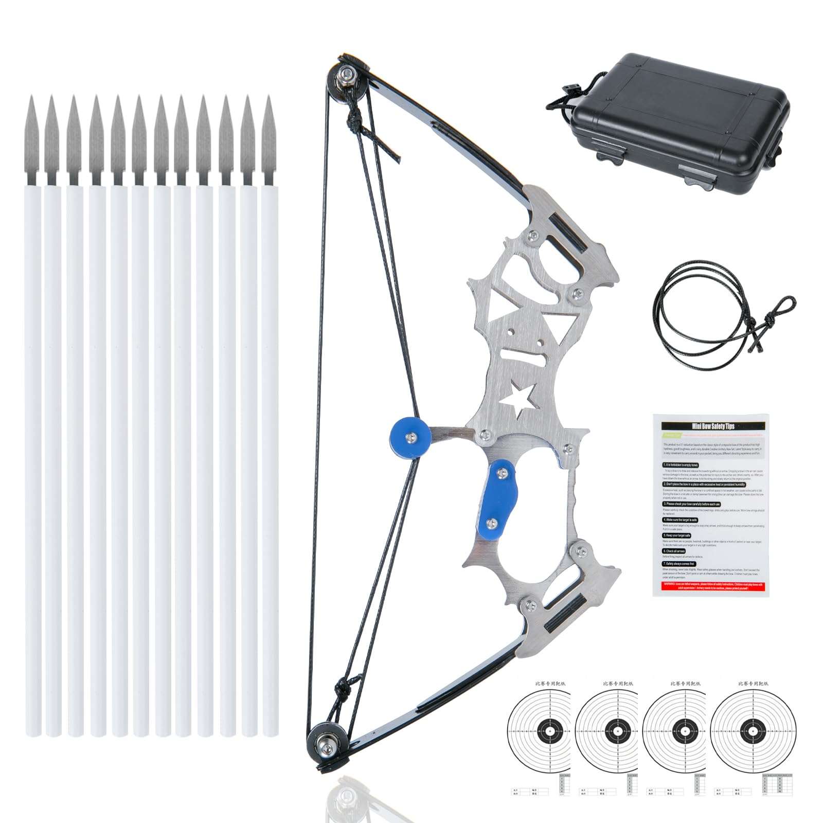 Uxezzt Mini Compound Bow and Arrow Set for Youth, Adult, Teenagers, Pocket Archery Bow for Target Shooting Games Gift with 2 Bowstring, 4 Target Paper and Bow Case (5.5" Bow) 1