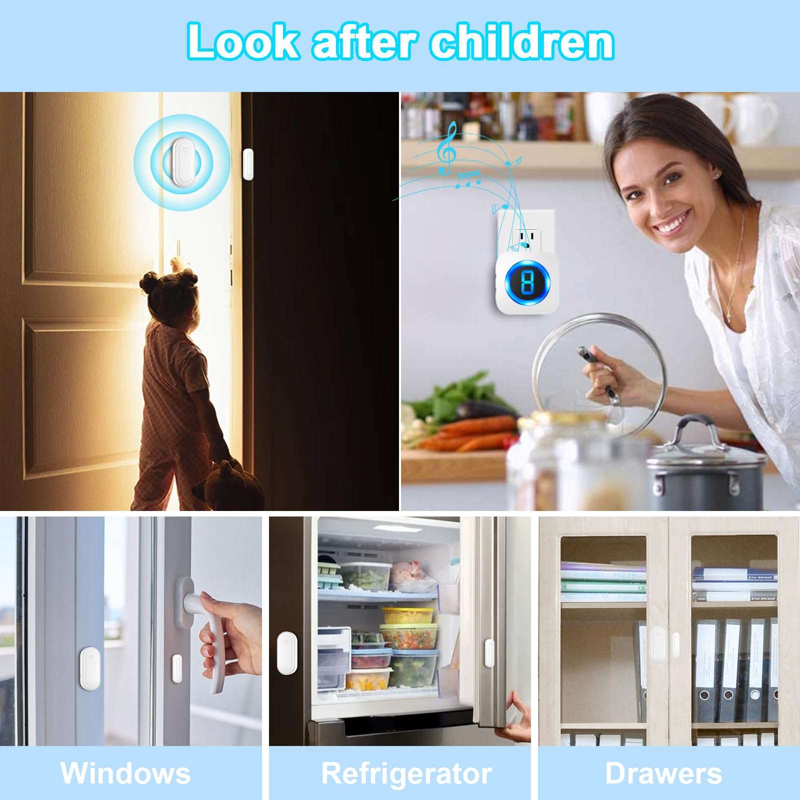 SURFOU Doorbell Chime with 4 Sensors 1 Receiver, When Door Opens,Door Sensor Chime,Alarms for Business/Home,Digital Doorbell Chime,55 Chimes 5 Volumes,1000FT/300M,IP55 Waterproof 6