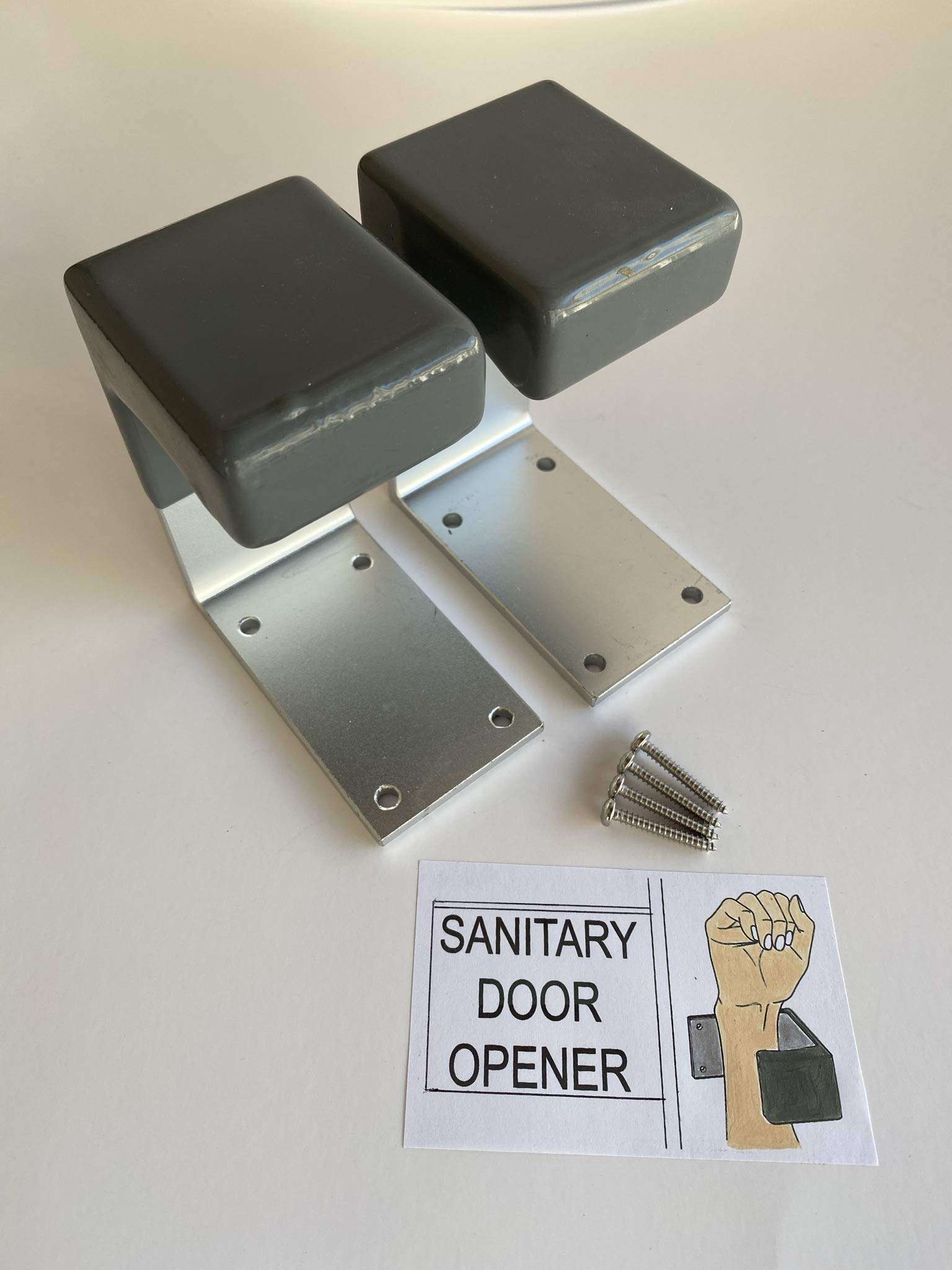 Sanitary Solutions Hands-Free Door Opener, Arm Door Pull (Rubber) Touchless. Sanitary Method for Opening Office and Bathroom Doors, Silver Aluminum and Grey Rubber 4