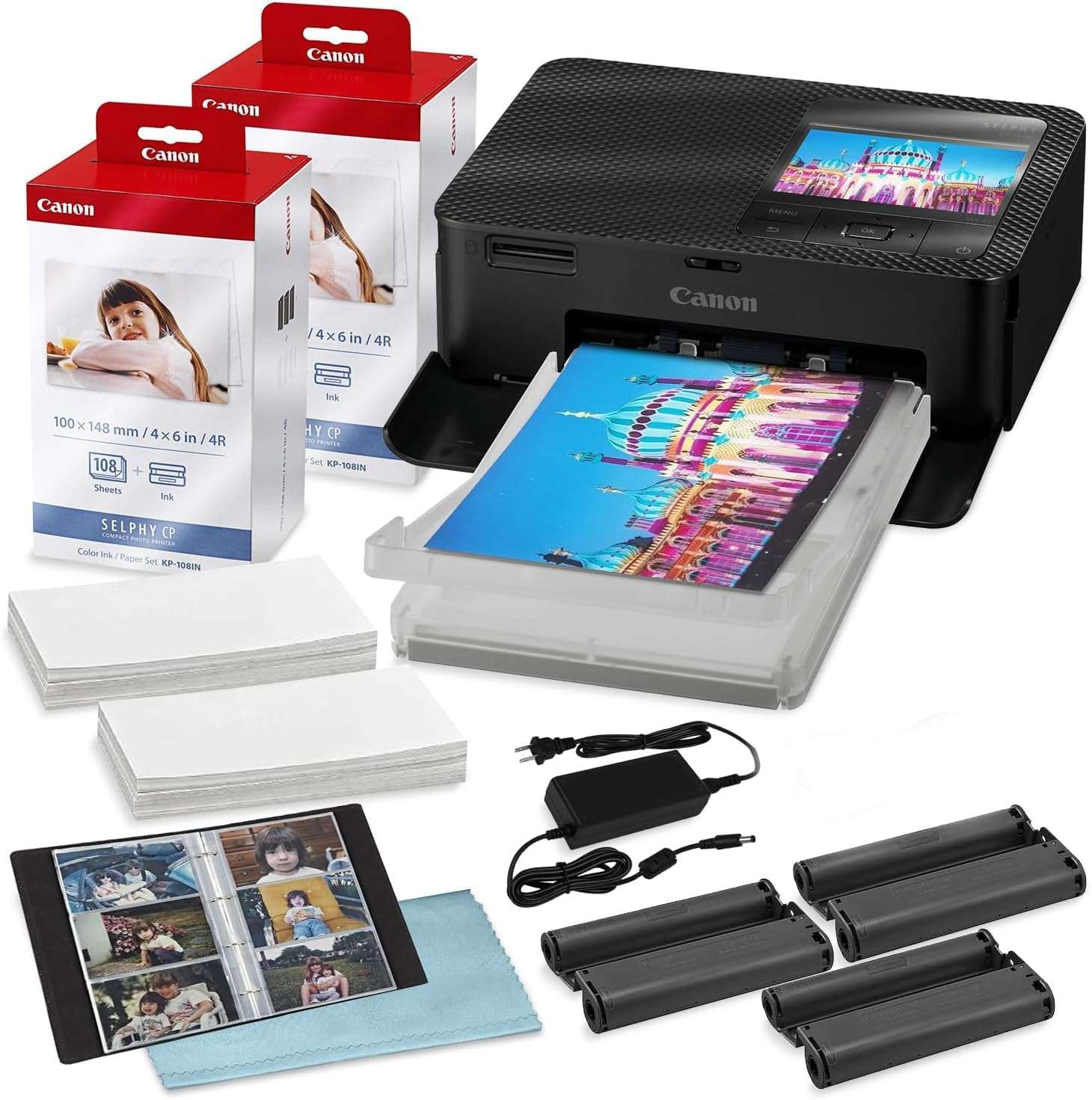 Canon Selphy CP1500 Wireless Compact Photo Printer (Black) with 2-Pack KP-108IN Color Ink Paper Set (216 Sheets of 4x6 Paper + 6 Ink Cartridges), Power Adapter & Deluxe Album 1