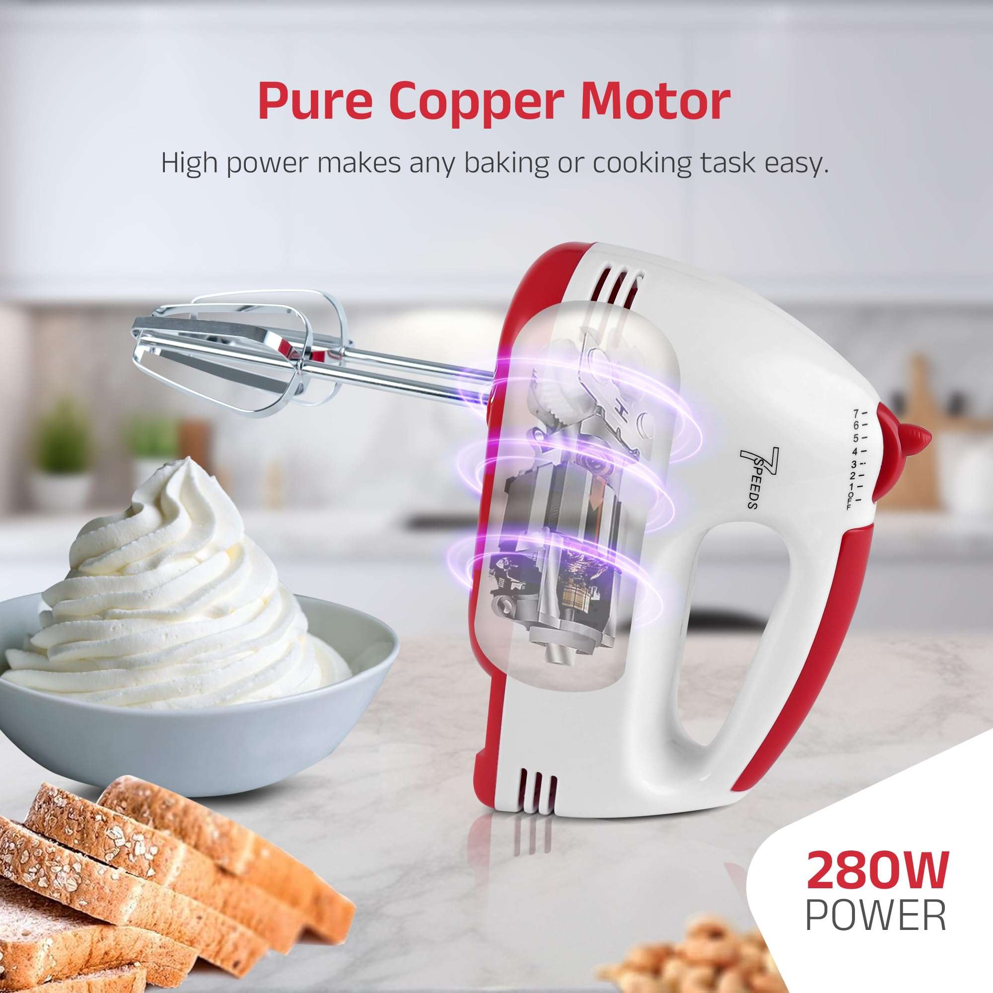 iBELL WHISK280 Hand Mixer, 280W, 7 Speed Control Plus Turbo, Beater/Blender/Electric Cream Maker for Cakes, stainless, Dough Hooks (White) 5