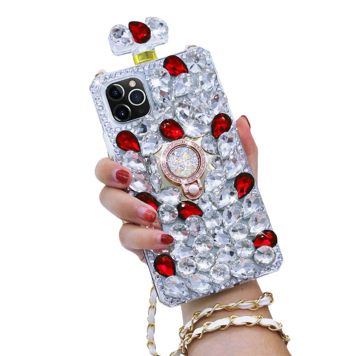 Losin Perfume Bottle Case Compatible with iPhone 12 Pro Max 6.7 inch Case Luxury Bling Diamond Gemstone Perfume Bottle 3D Bling Rhinestones Ring Holder Stand Bracket Soft TPU Case Red 4