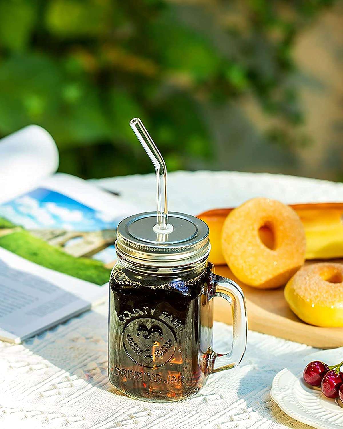 2PCS Mason Jar Lids 17OZ Straw Hole with 3 Reusable Glass Straw, 1 Cleaning Brush Mason Jar Drinking Lids and Straw Boba Cups Coffee Mug Wide Mouth Mason Jars 3